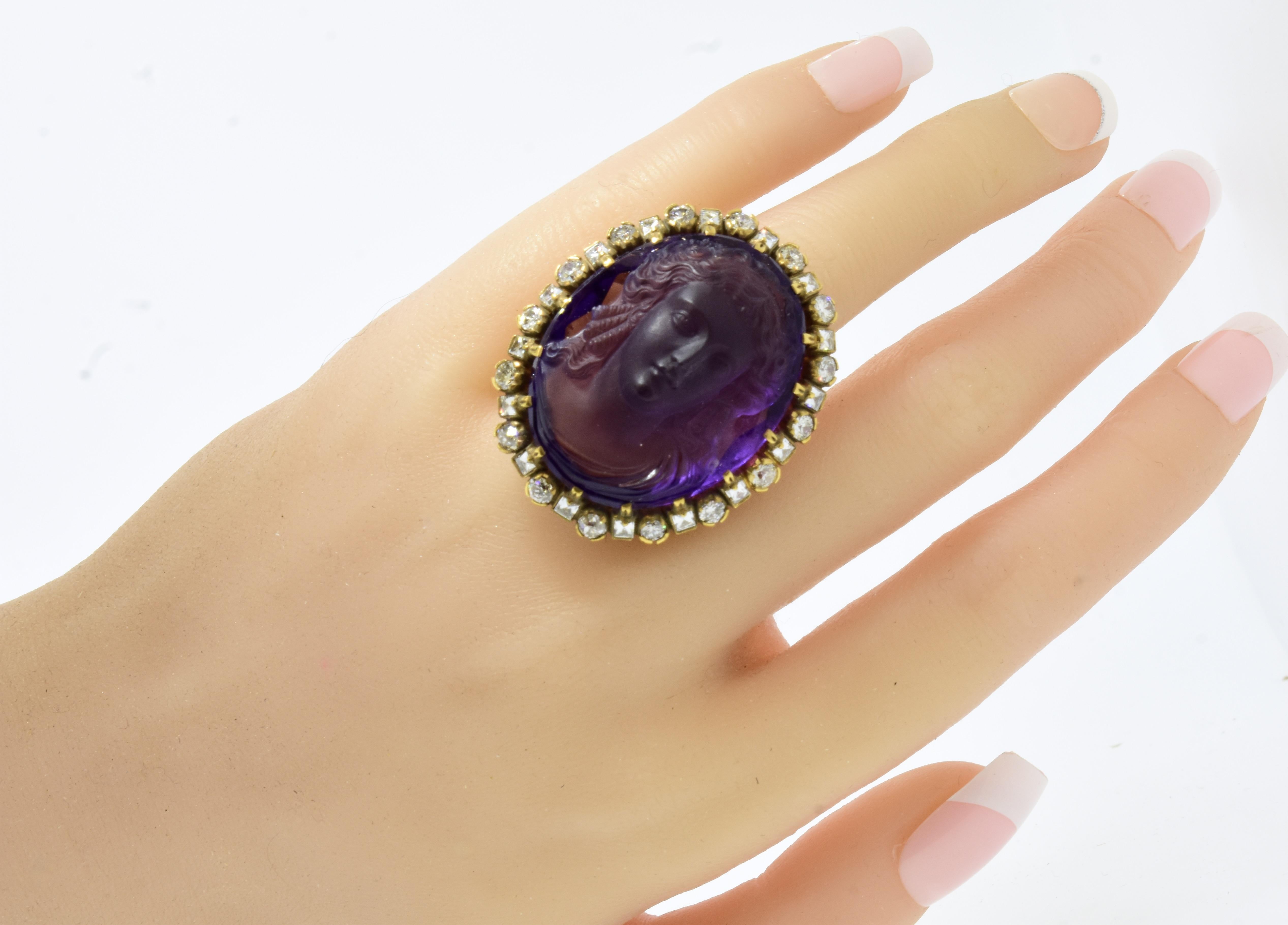 Victorian Antique Amethyst Cameo and Diamond ring, c. 1880 For Sale