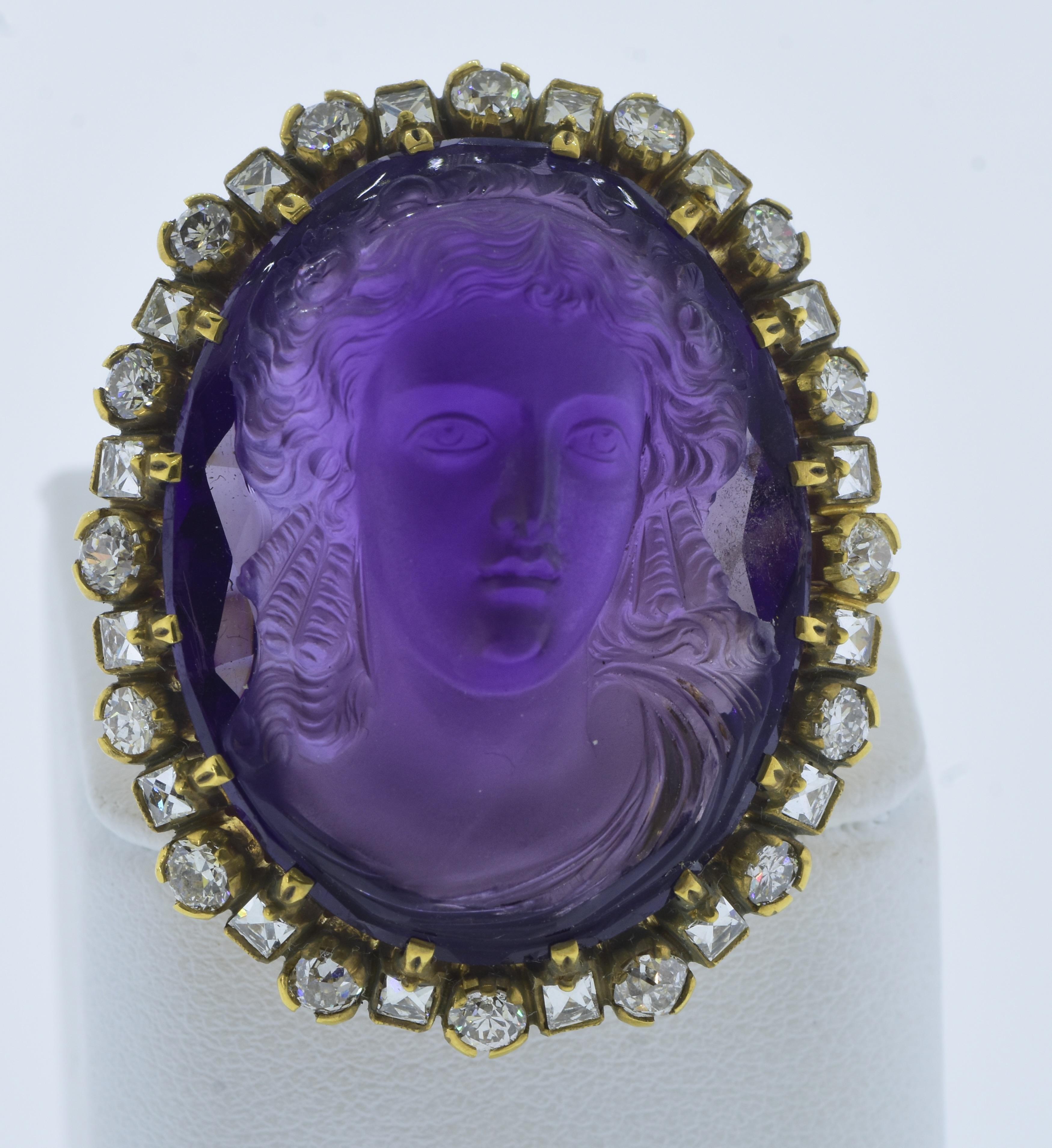 Old Mine Cut Antique Amethyst Cameo and Diamond ring, c. 1880 For Sale