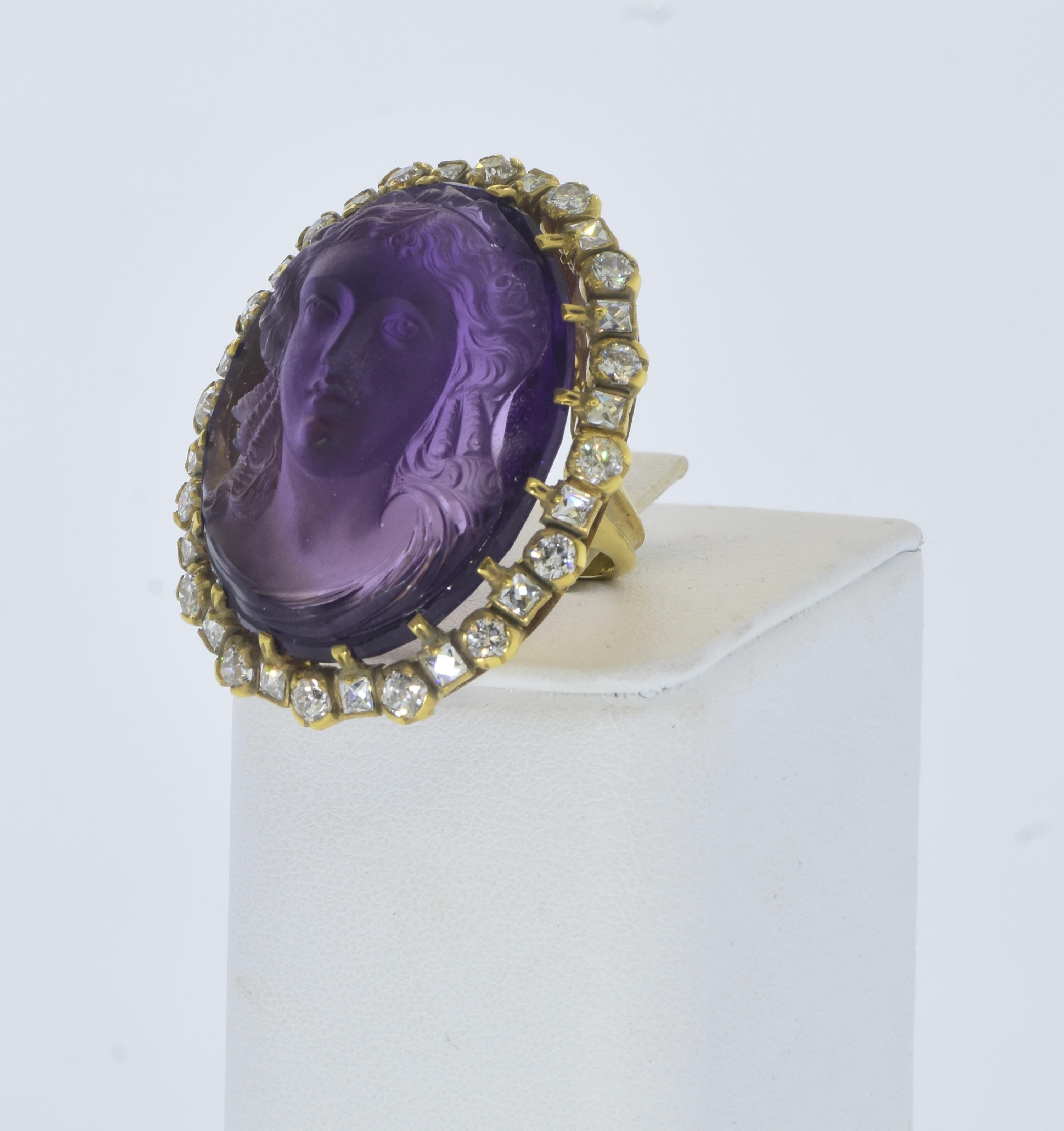 Antique Amethyst Cameo and Diamond ring, c. 1880 In Excellent Condition For Sale In Aspen, CO