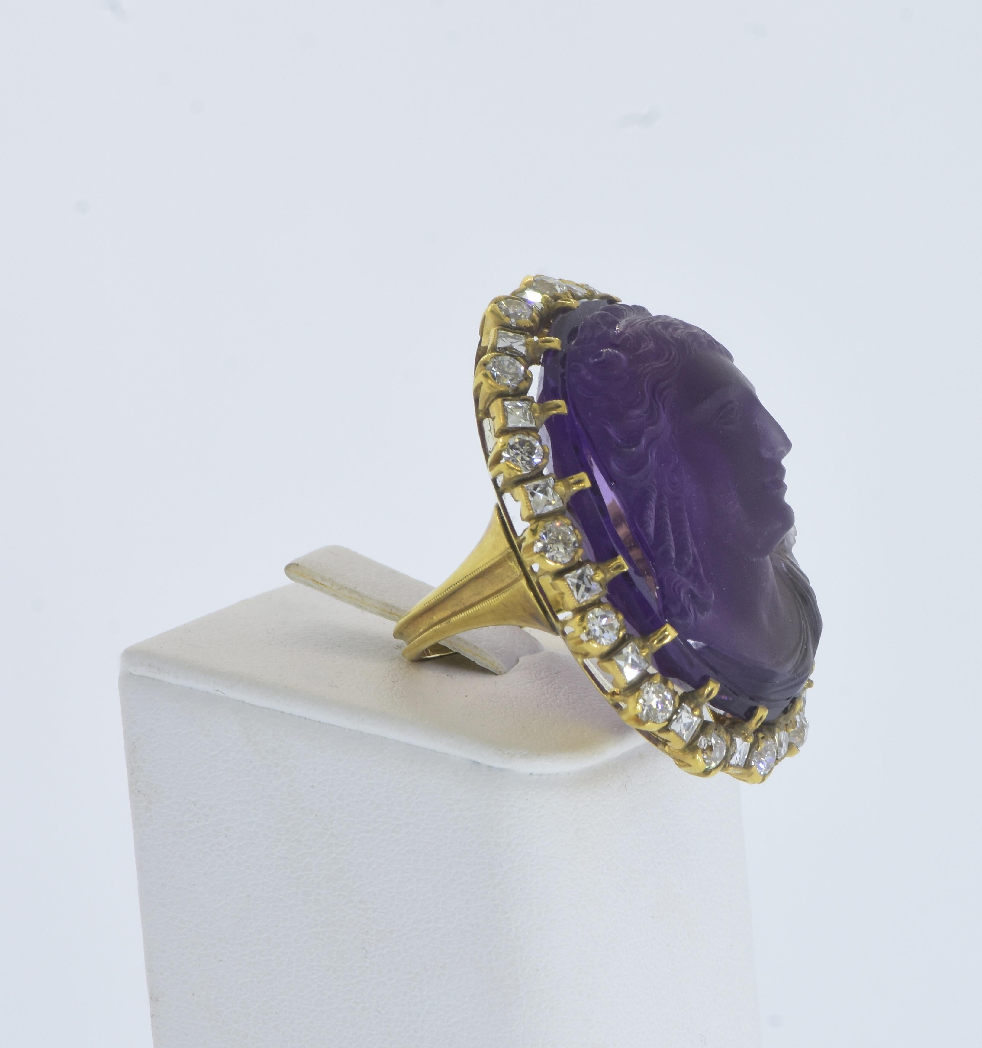 Women's or Men's Antique Amethyst Cameo and Diamond ring, c. 1880 For Sale