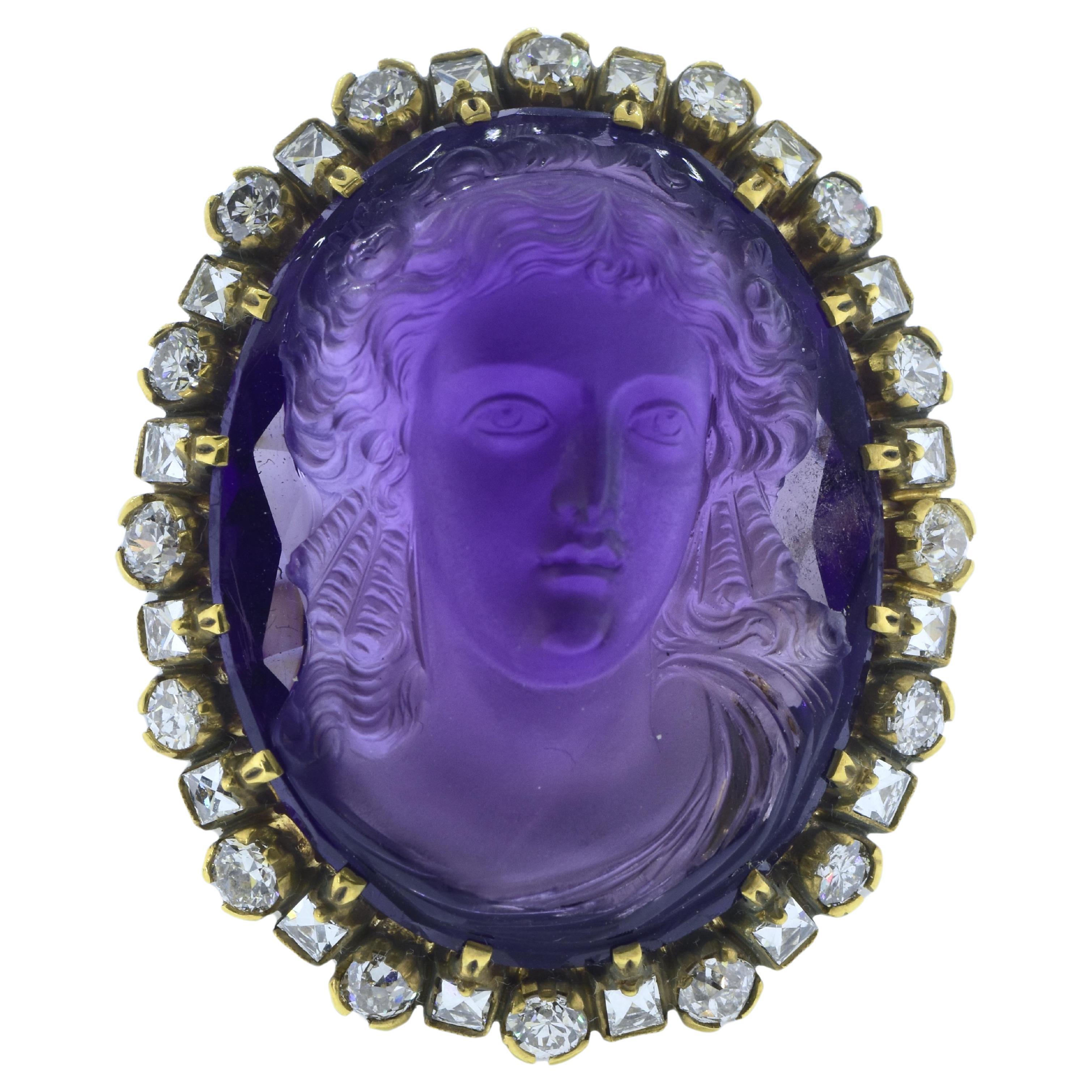 Antique Amethyst Cameo and Diamond ring, c. 1880 For Sale