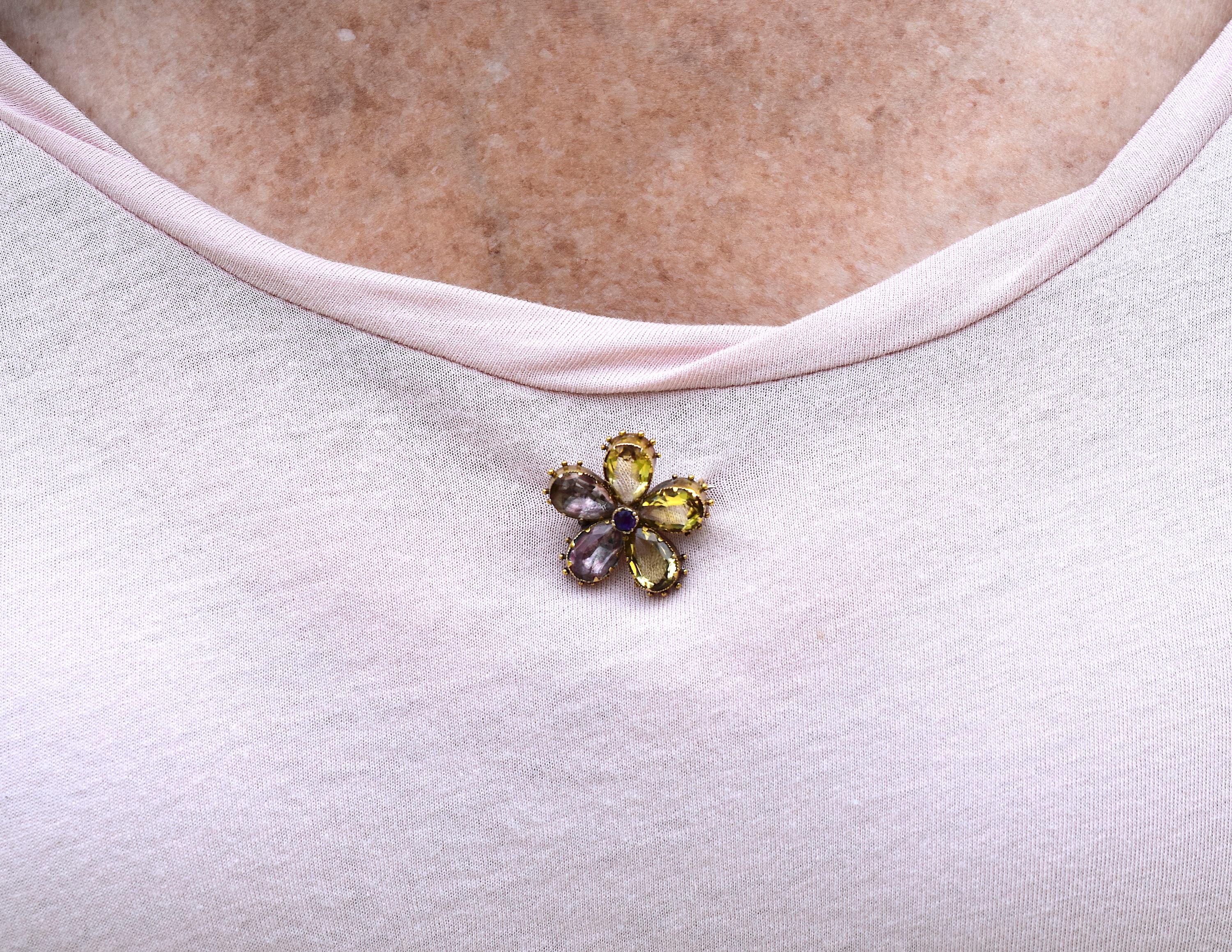 Antique Amethyst Citrine & 18K Gold Pansy Brooch, circa 1820 For Sale 7