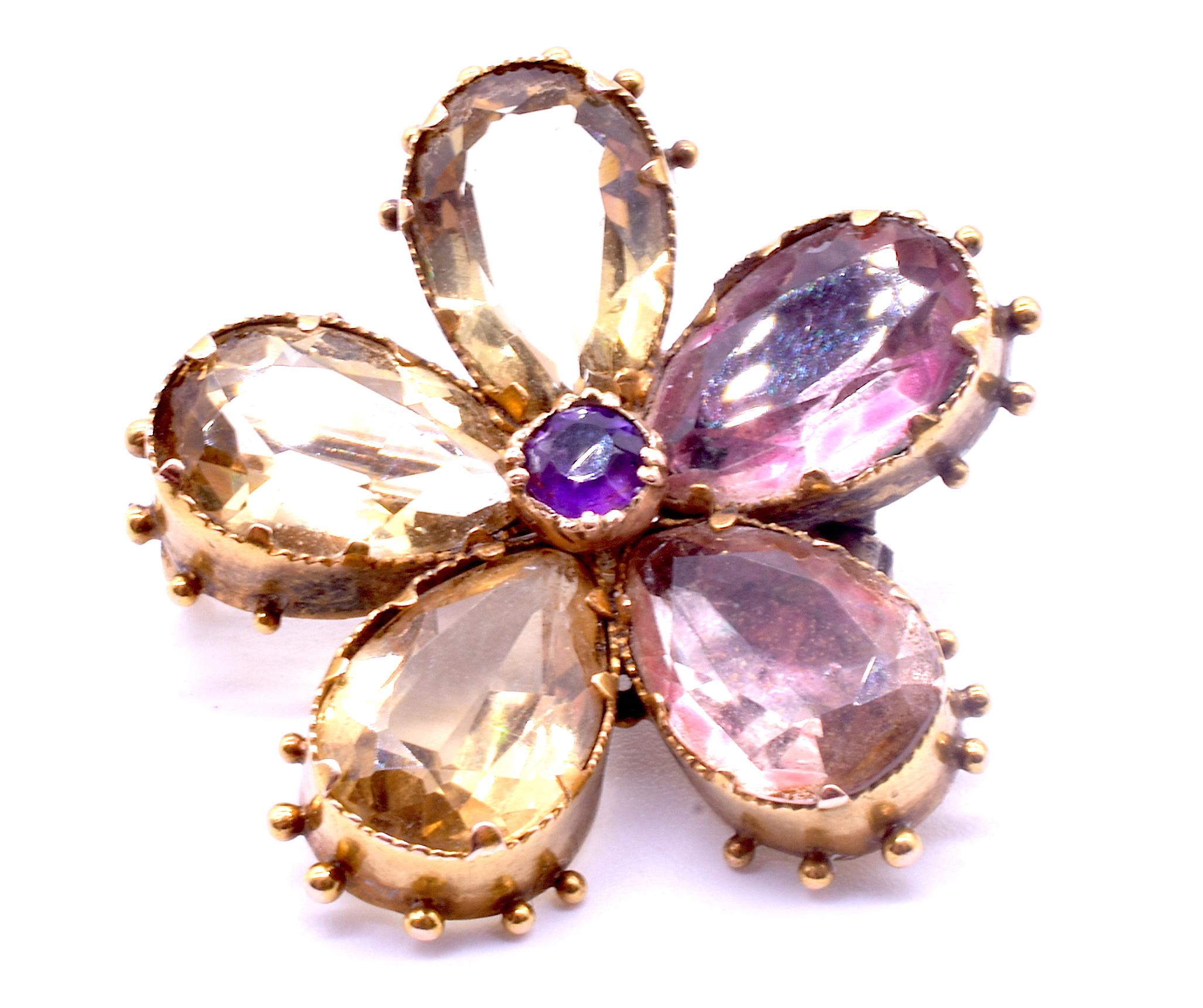 Rose Cut Antique Amethyst Citrine & 18K Gold Pansy Brooch, circa 1820 For Sale