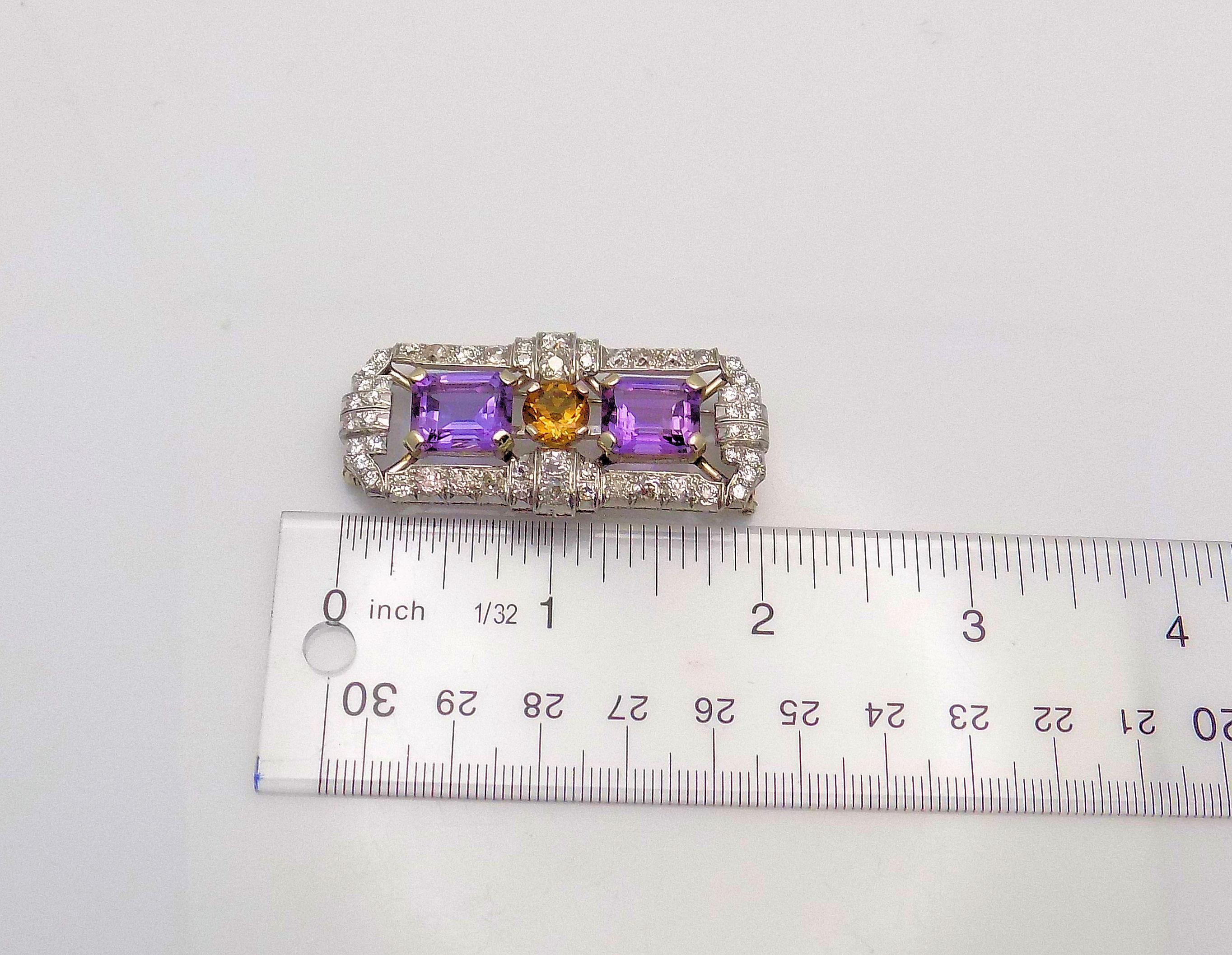 Art Deco Antique Amethyst, Citrine and Diamond Brooch/Dress Clip For Sale