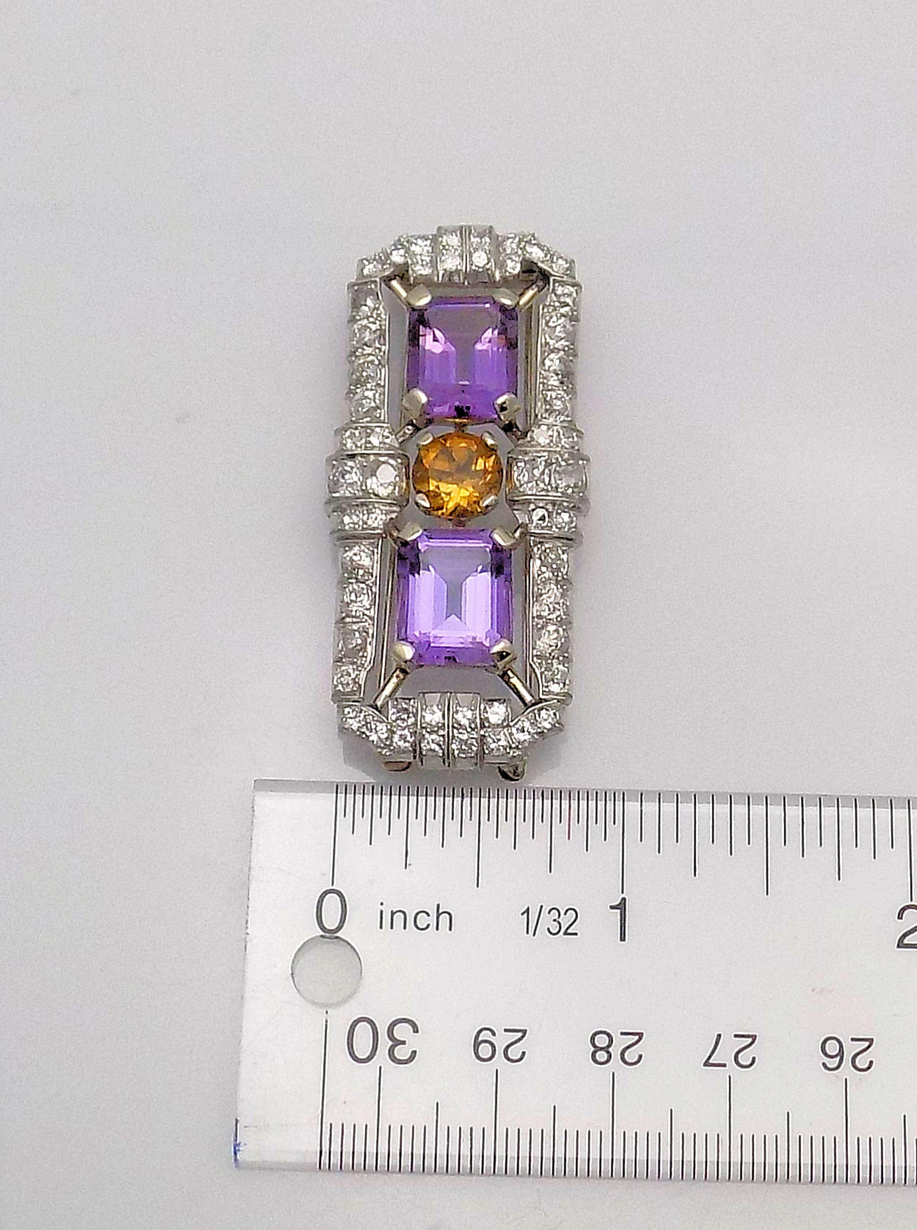 Old Mine Cut Antique Amethyst, Citrine and Diamond Brooch/Dress Clip For Sale