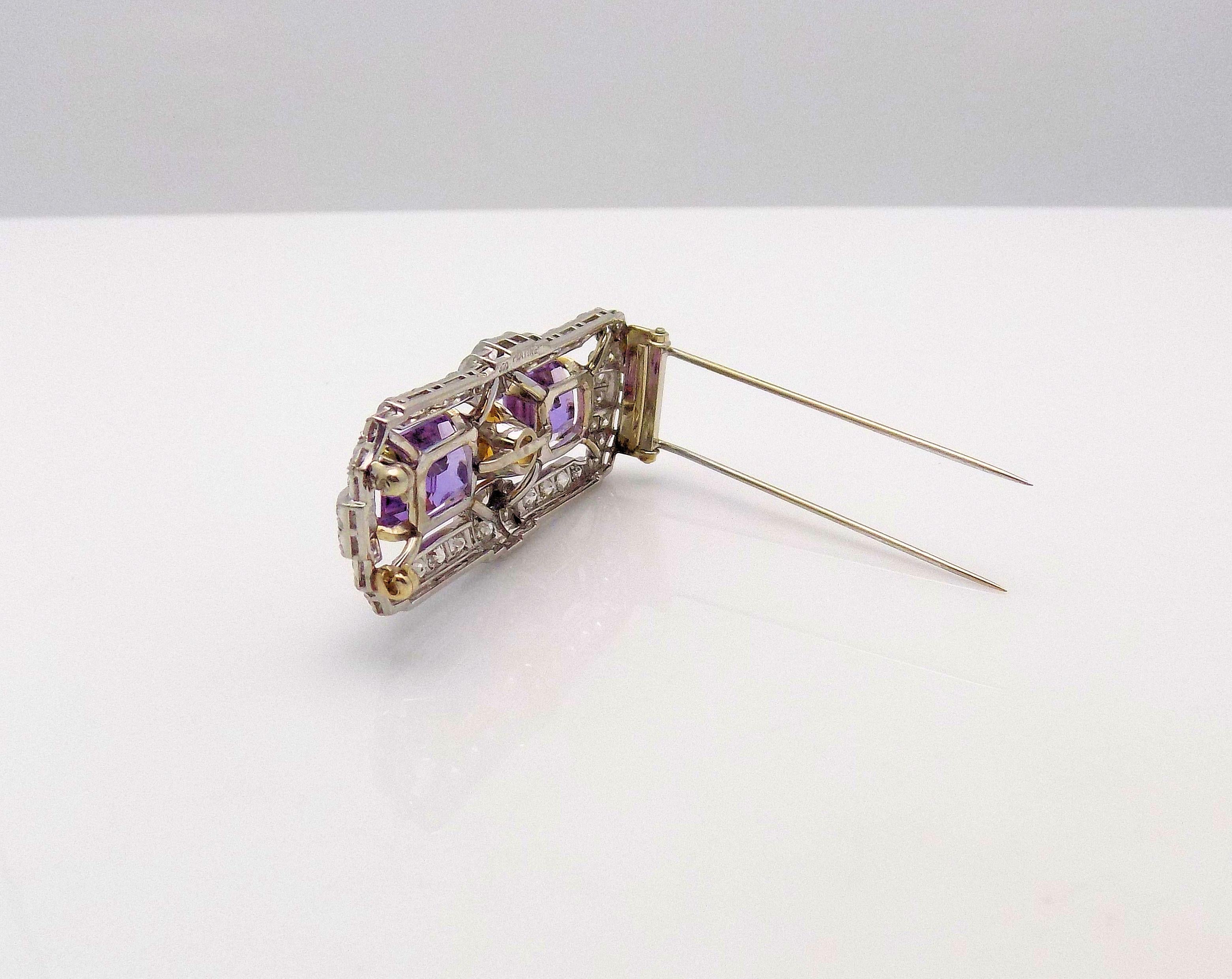 Antique Amethyst, Citrine and Diamond Brooch/Dress Clip In New Condition For Sale In Dallas, TX
