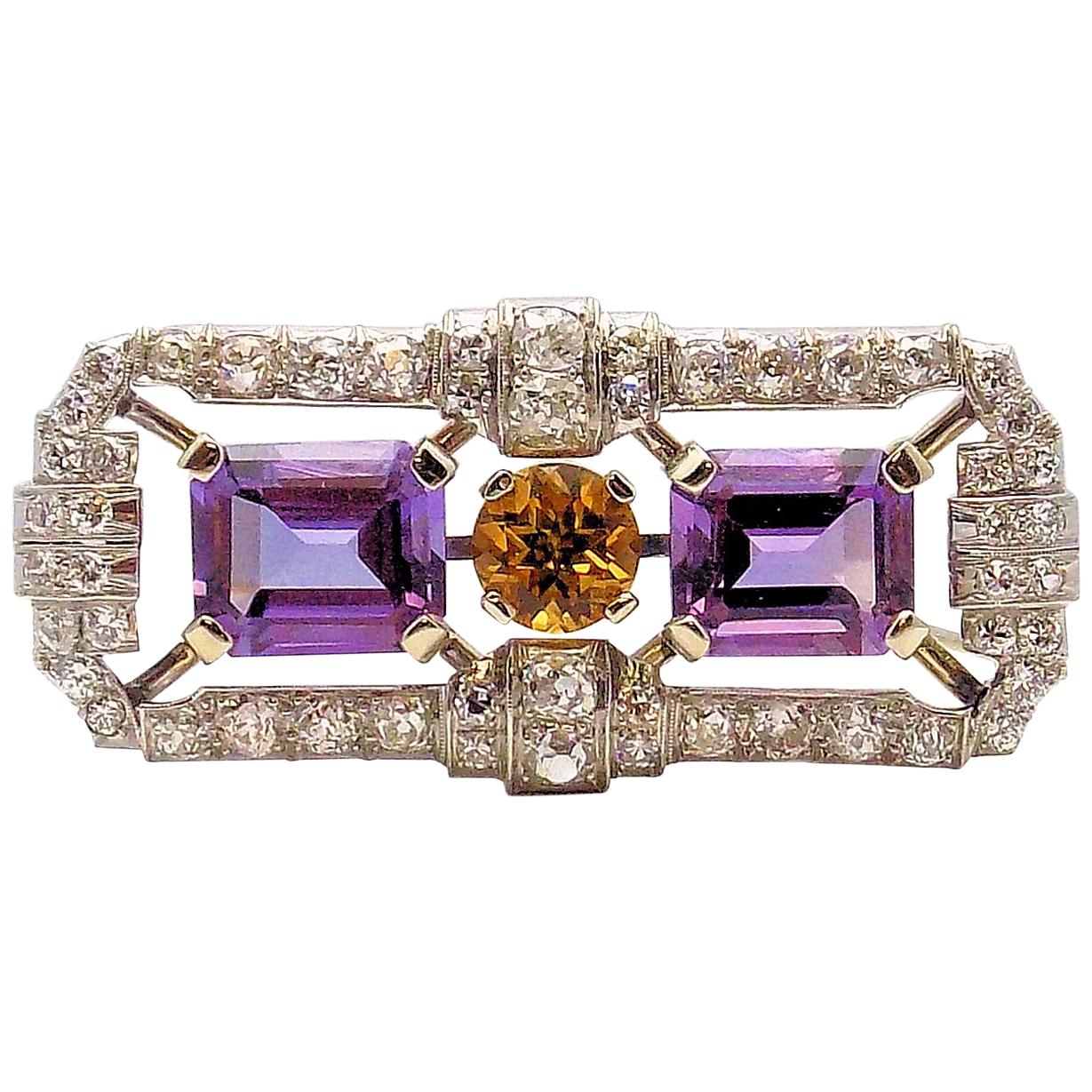Antique Amethyst, Citrine and Diamond Brooch/Dress Clip For Sale