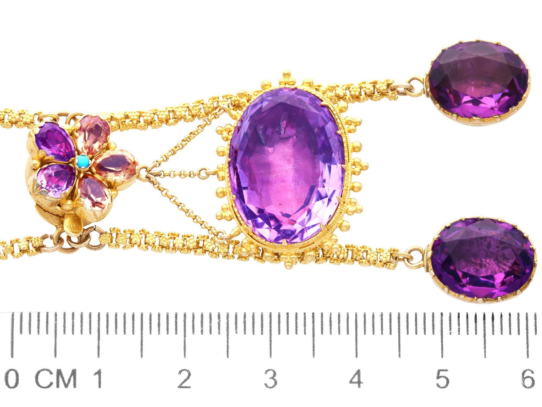 Victorian Antique Amethyst Citrine and Turquoise 20K Yellow Gold Drop Necklace For Sale