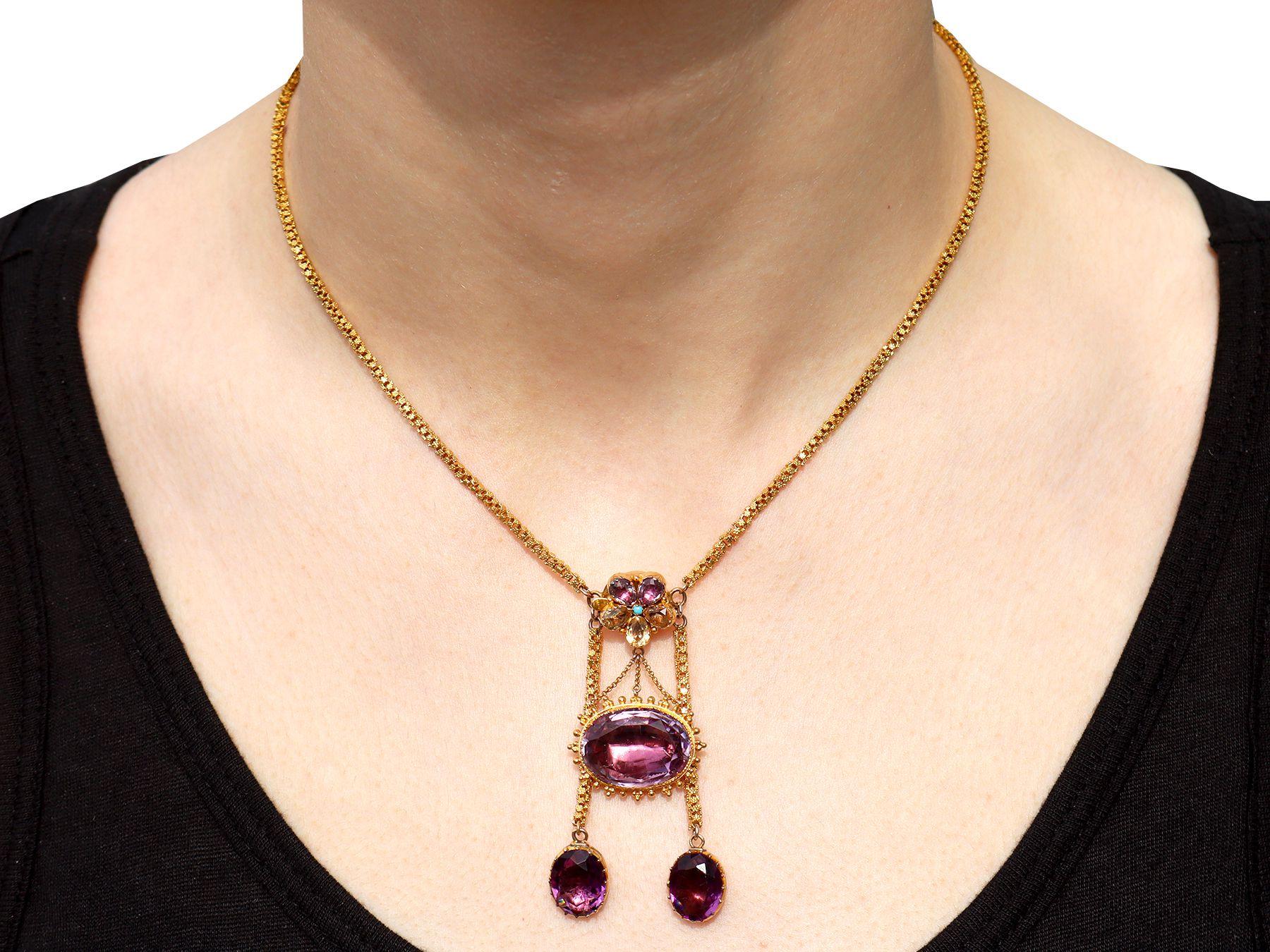 Oval Cut Antique Amethyst Citrine and Turquoise 20K Yellow Gold Drop Necklace For Sale