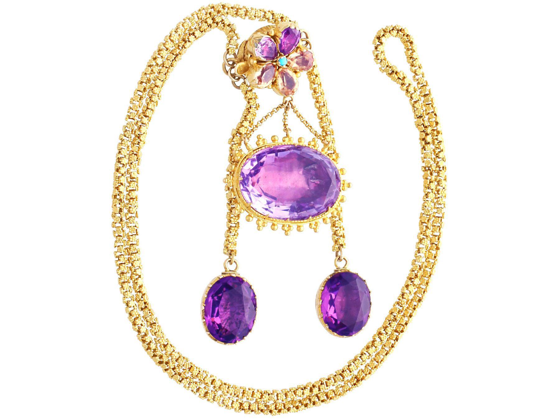 Antique Amethyst Citrine and Turquoise 20K Yellow Gold Drop Necklace For Sale 1