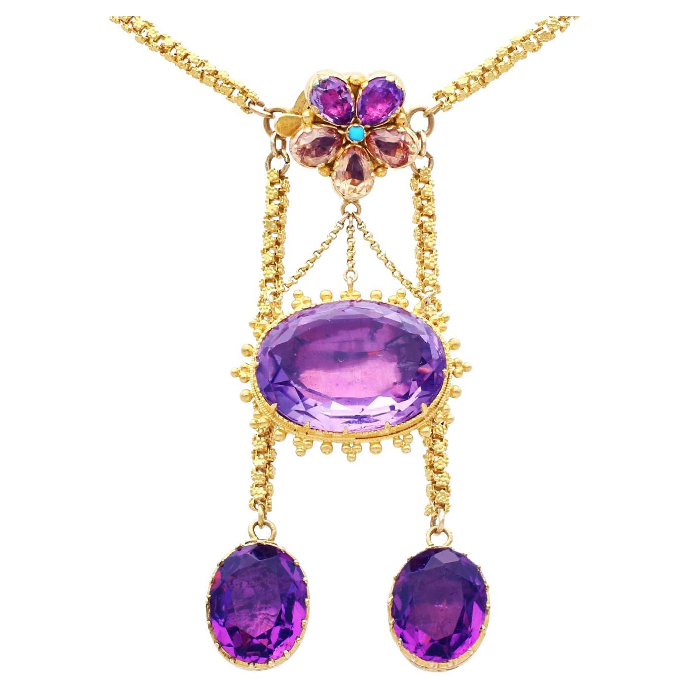 Antique Amethyst Citrine and Turquoise 20K Yellow Gold Drop Necklace For Sale