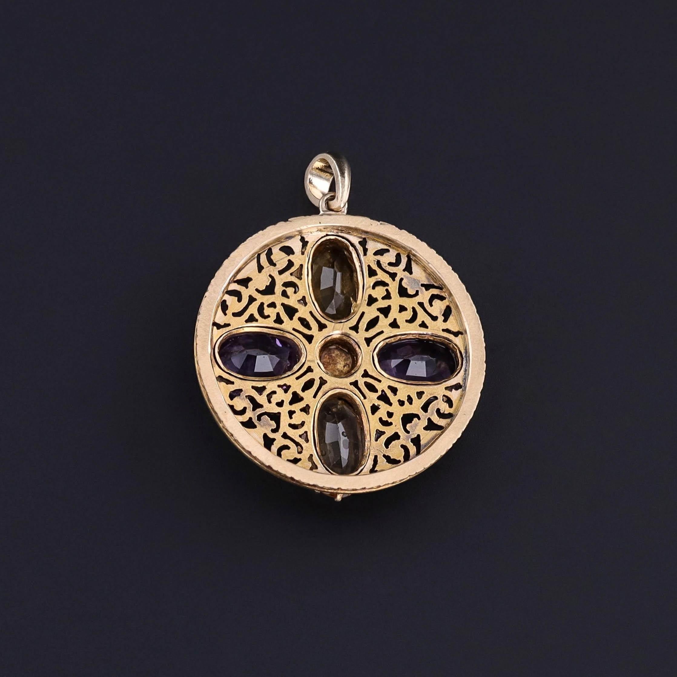 Taille rose Pendentif ancien en or 15ct avec améthyste et citrine en vente