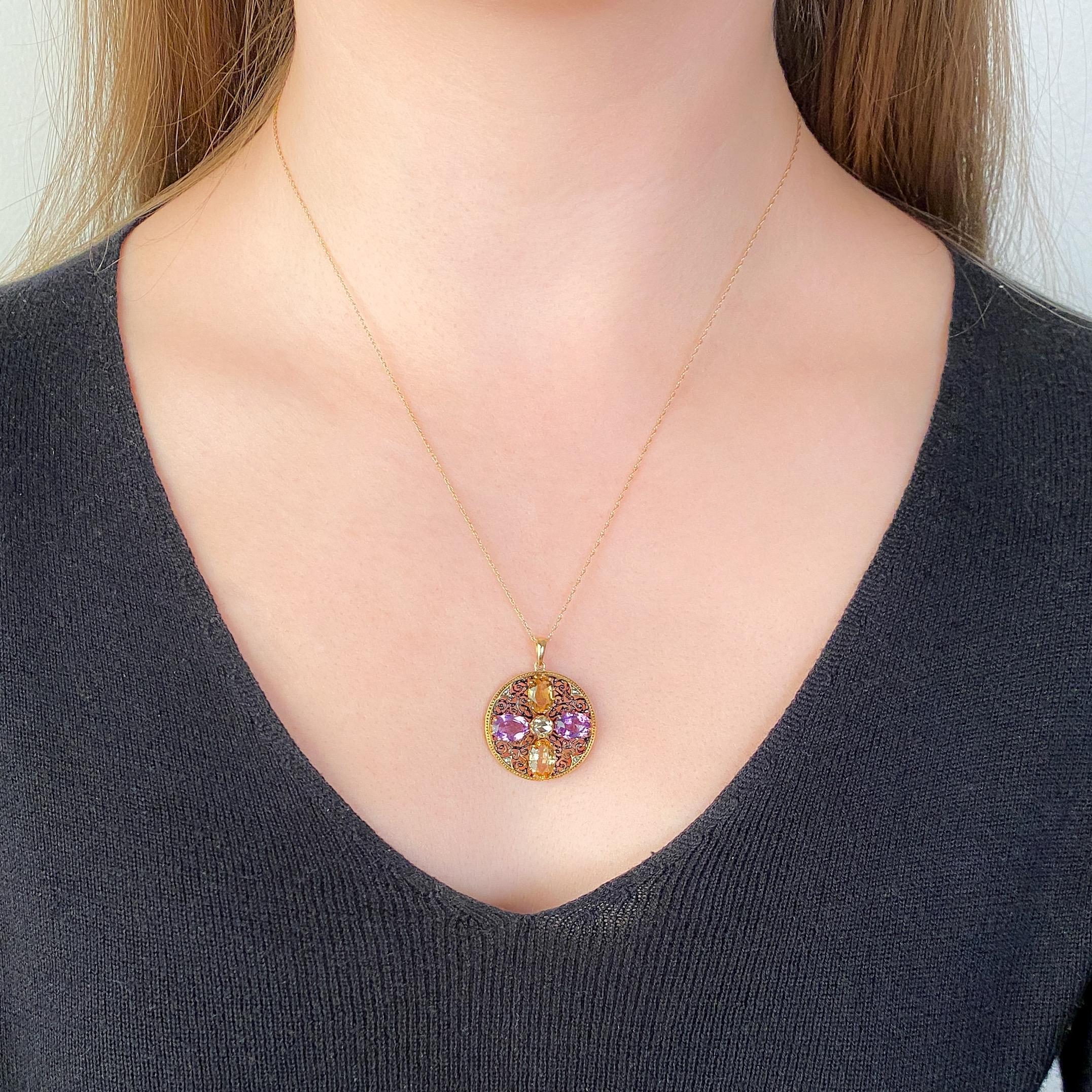 Pendentif ancien en or 15ct avec améthyste et citrine Bon état - En vente à Lewisburg, PA