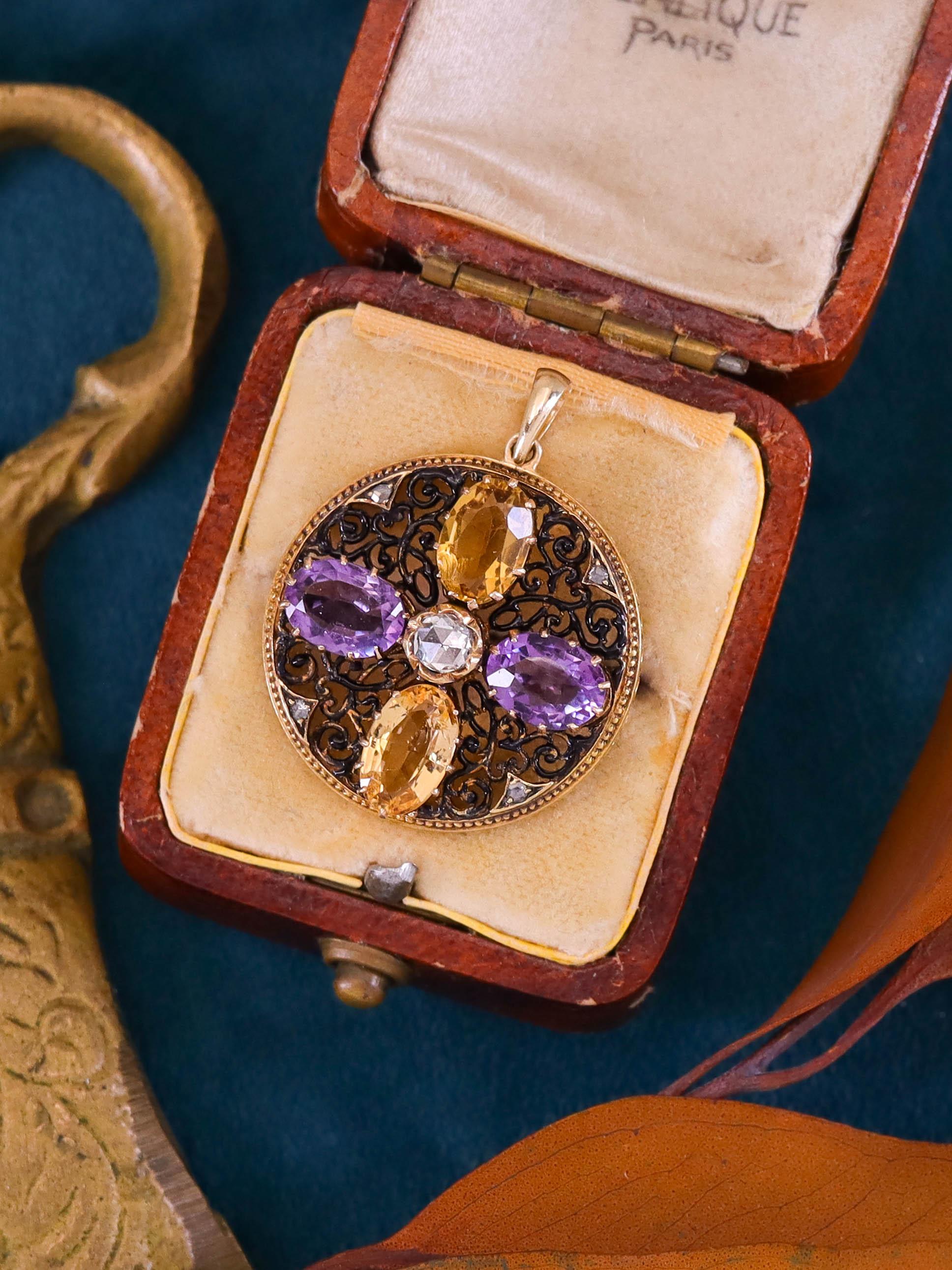 Pendentif ancien en or 15ct avec améthyste et citrine en vente 2