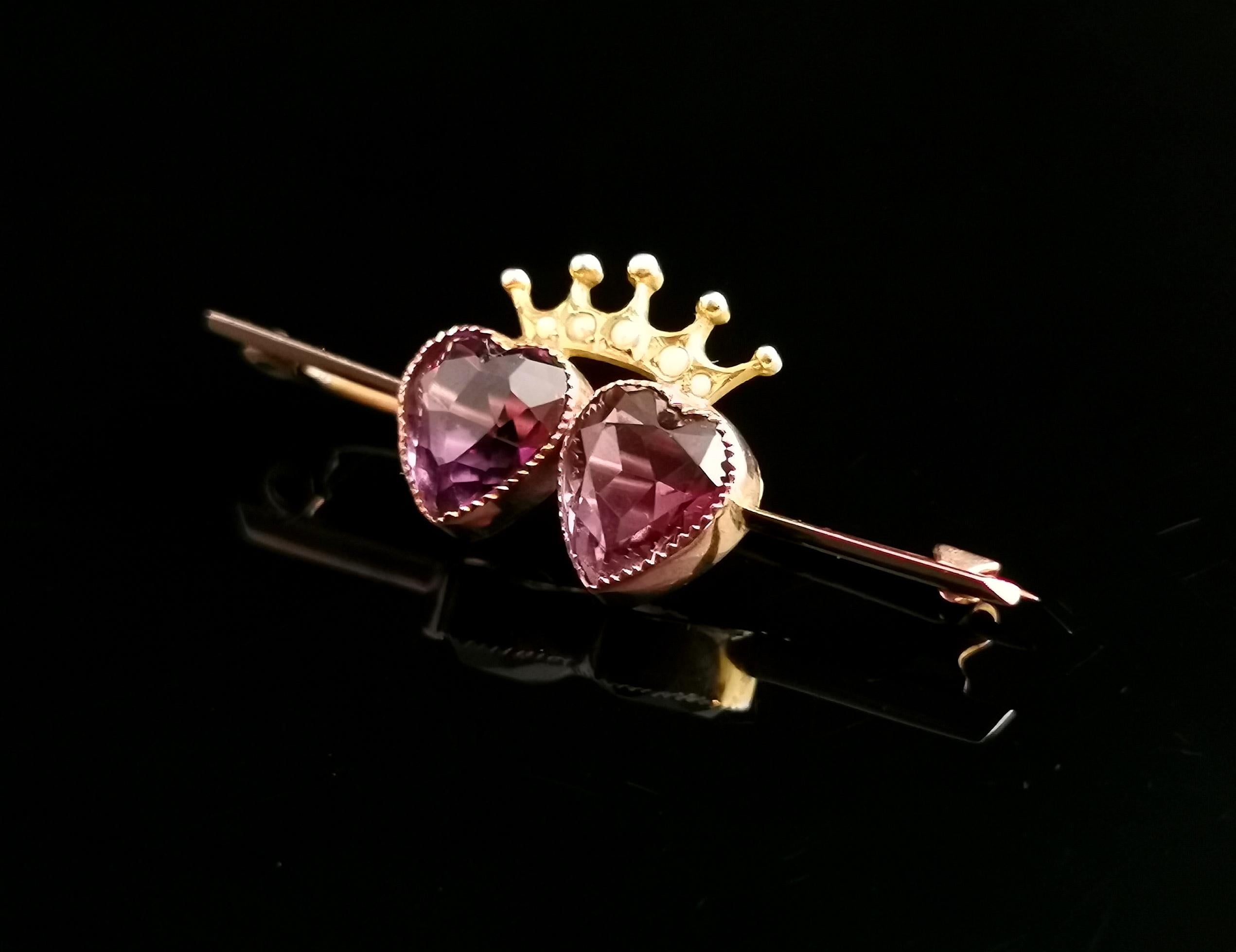Antique Amethyst Crowned Hearts Brooch, 9k Gold, Seed Pearl, Boxed 2