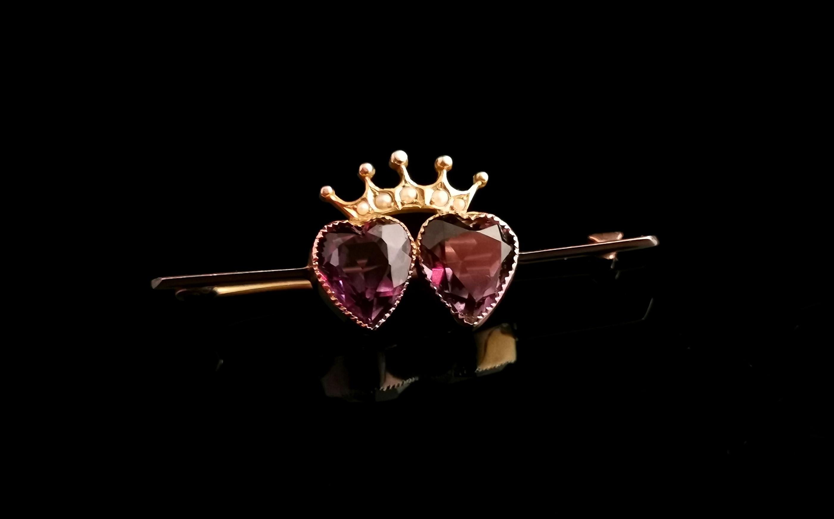 Antique Amethyst Crowned Hearts Brooch, 9k Gold, Seed Pearl, Boxed 3