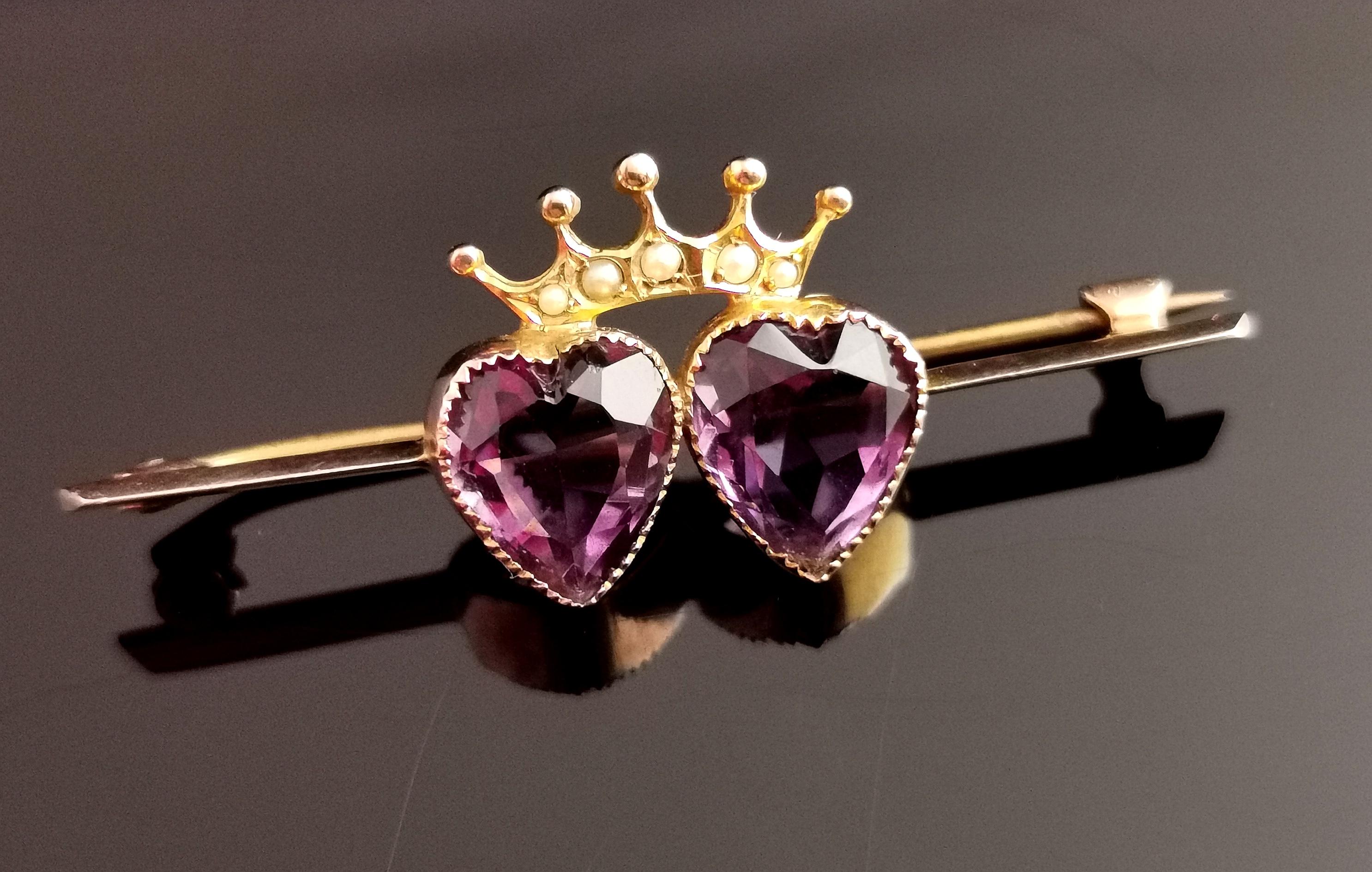 Antique Amethyst Crowned Hearts Brooch, 9k Gold, Seed Pearl, Boxed 4