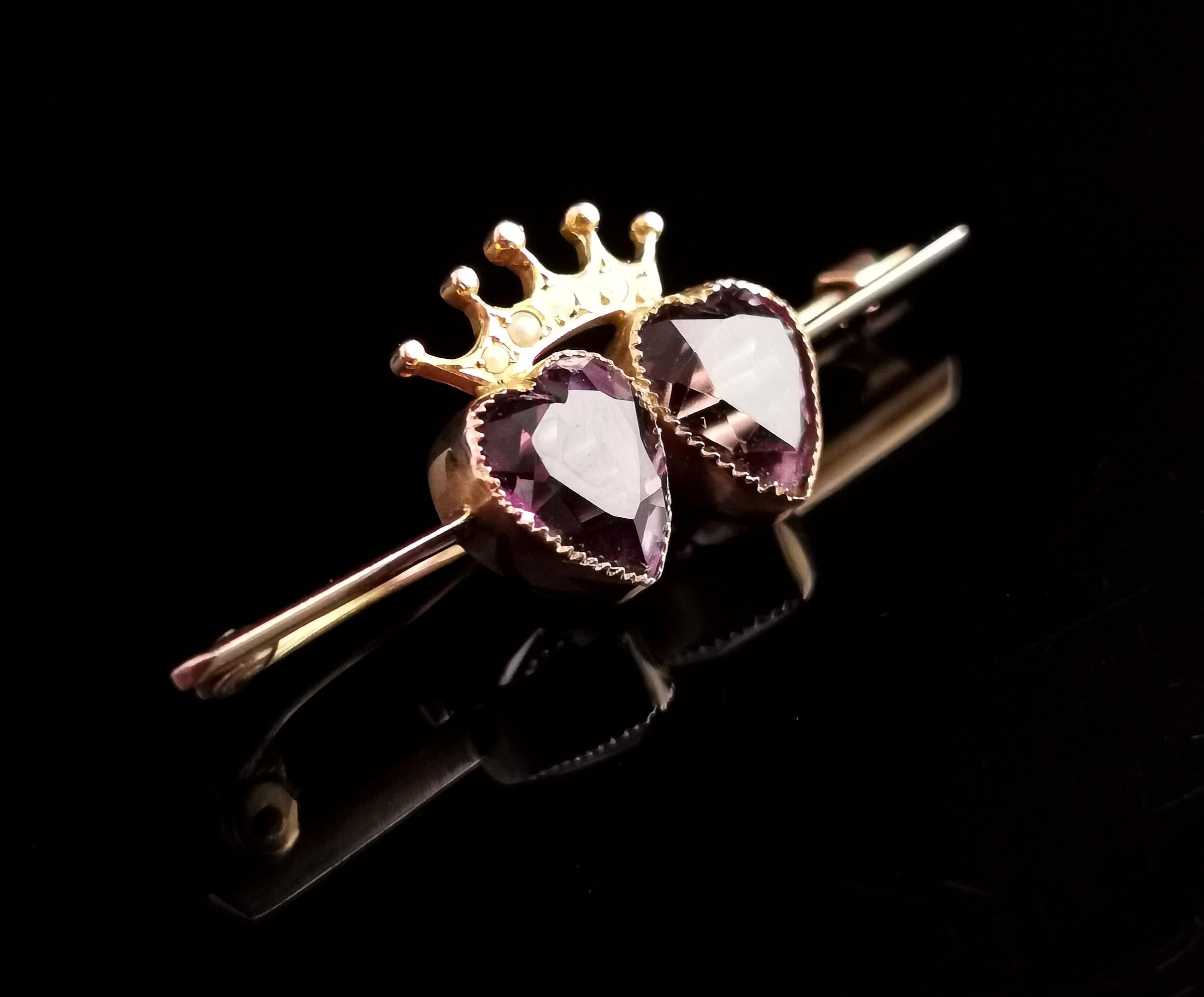 Antique Amethyst Crowned Hearts Brooch, 9k Gold, Seed Pearl, Boxed 5