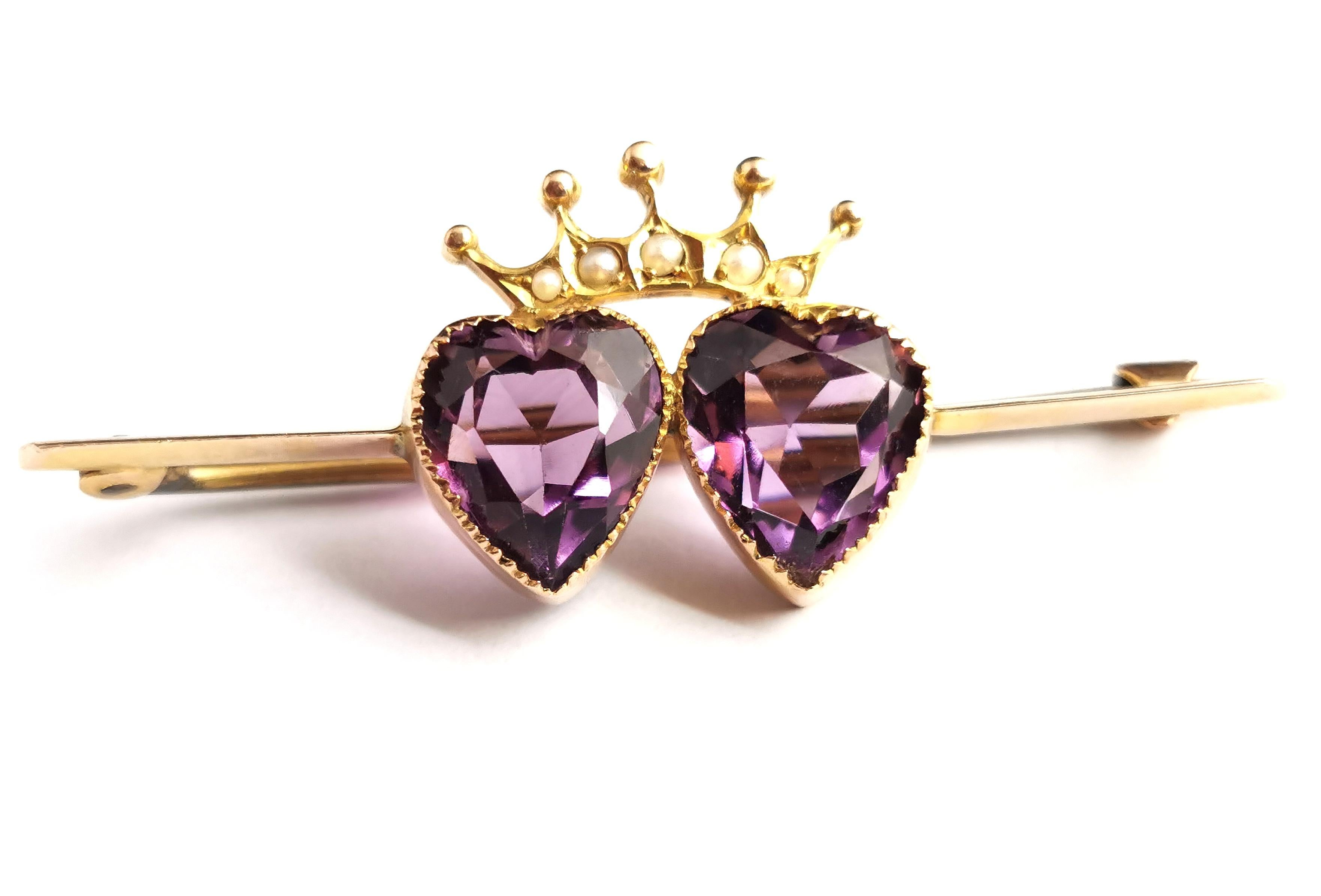 Antique Amethyst Crowned Hearts Brooch, 9k Gold, Seed Pearl, Boxed 6