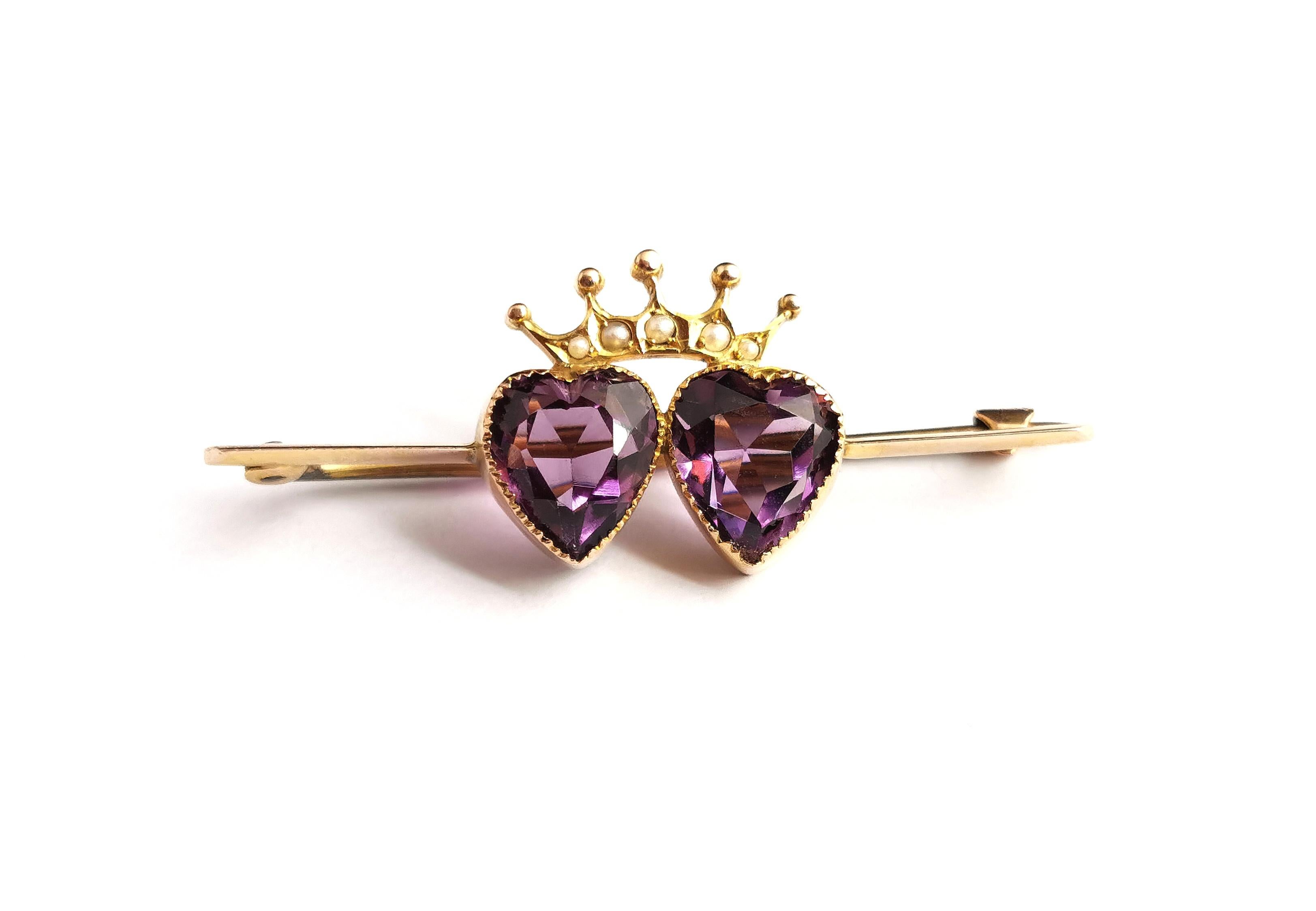 Antique Amethyst Crowned Hearts Brooch, 9k Gold, Seed Pearl, Boxed 7