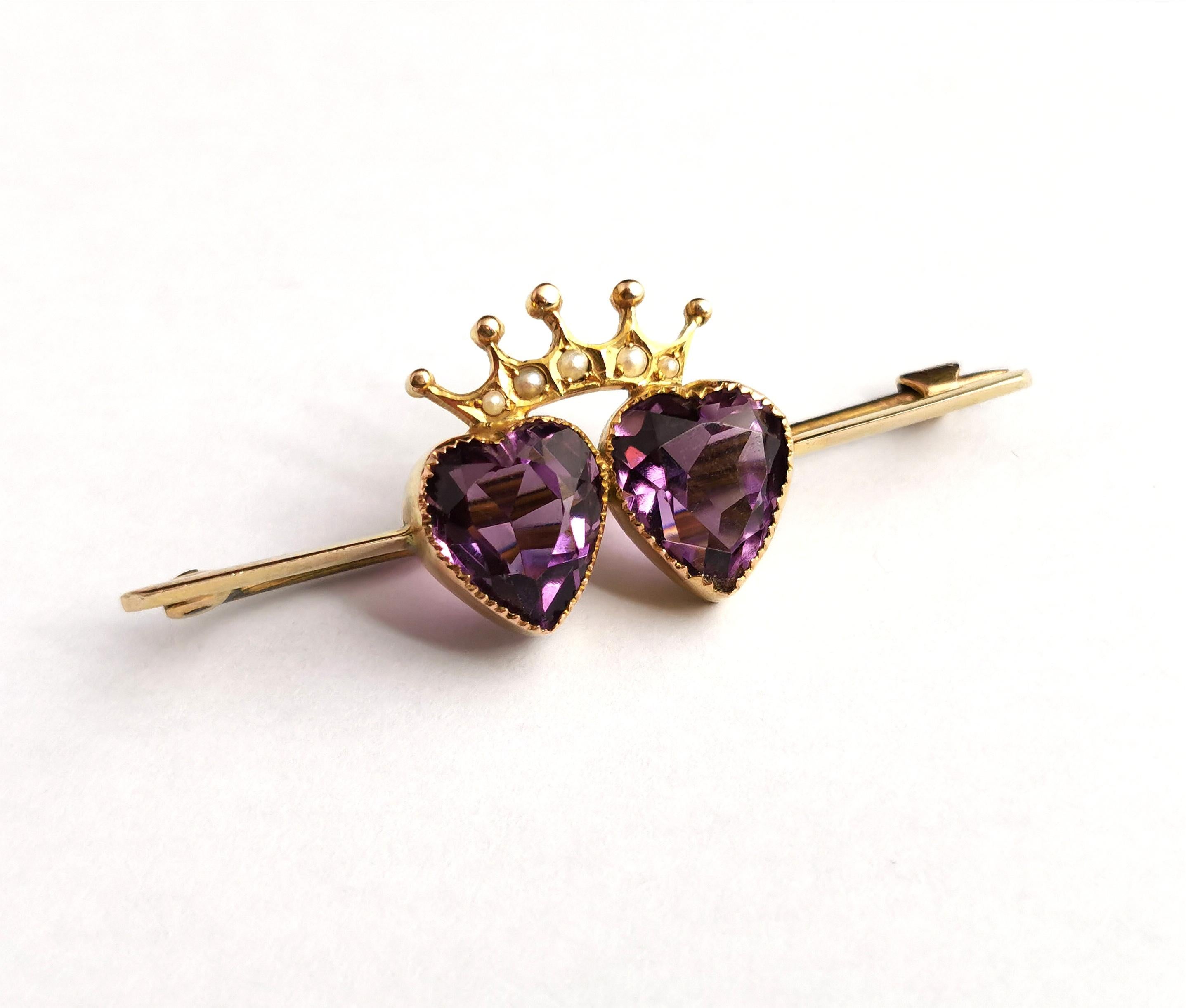 Antique Amethyst Crowned Hearts Brooch, 9k Gold, Seed Pearl, Boxed 8