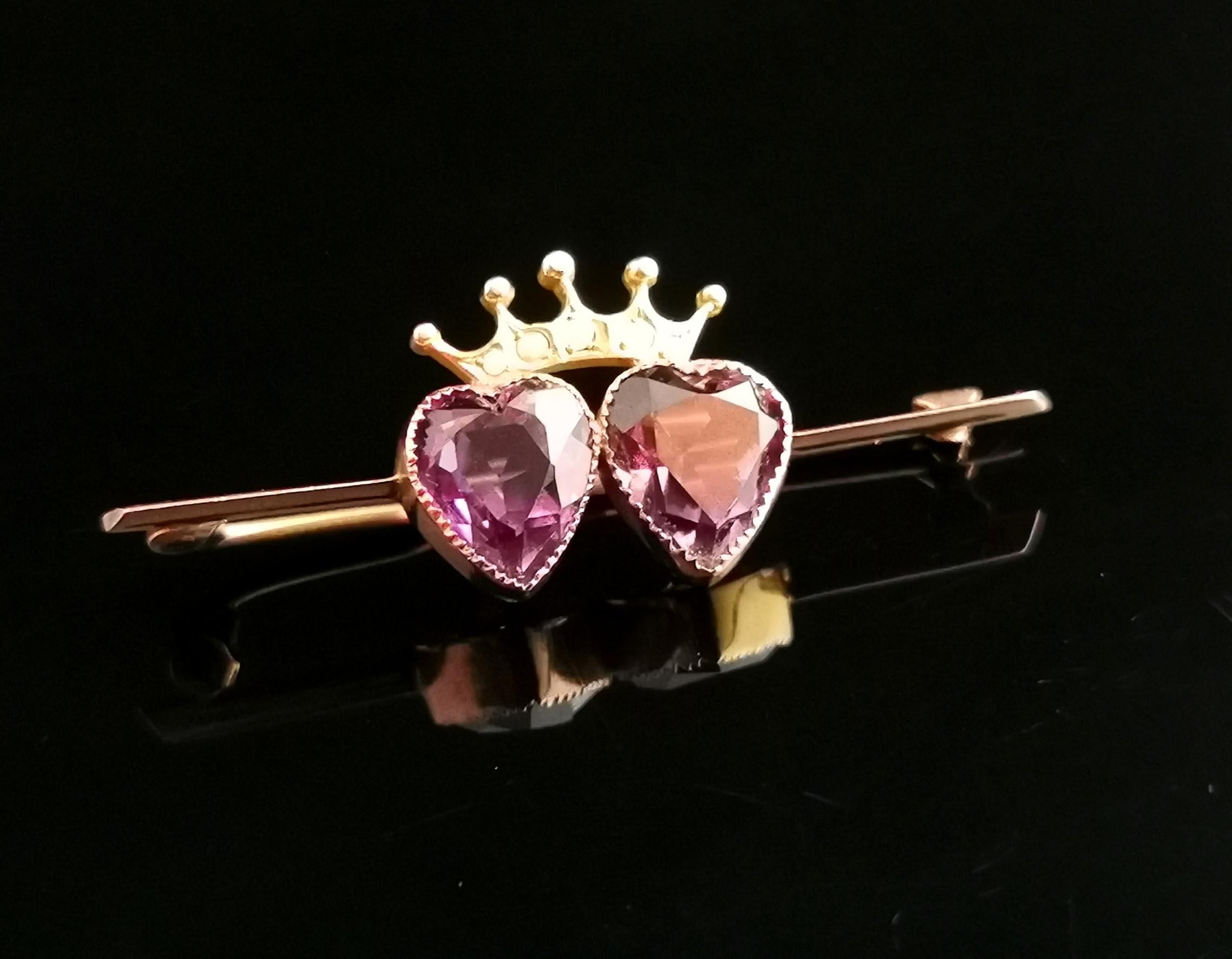 Edwardian Antique Amethyst Crowned Hearts Brooch, 9k Gold, Seed Pearl, Boxed