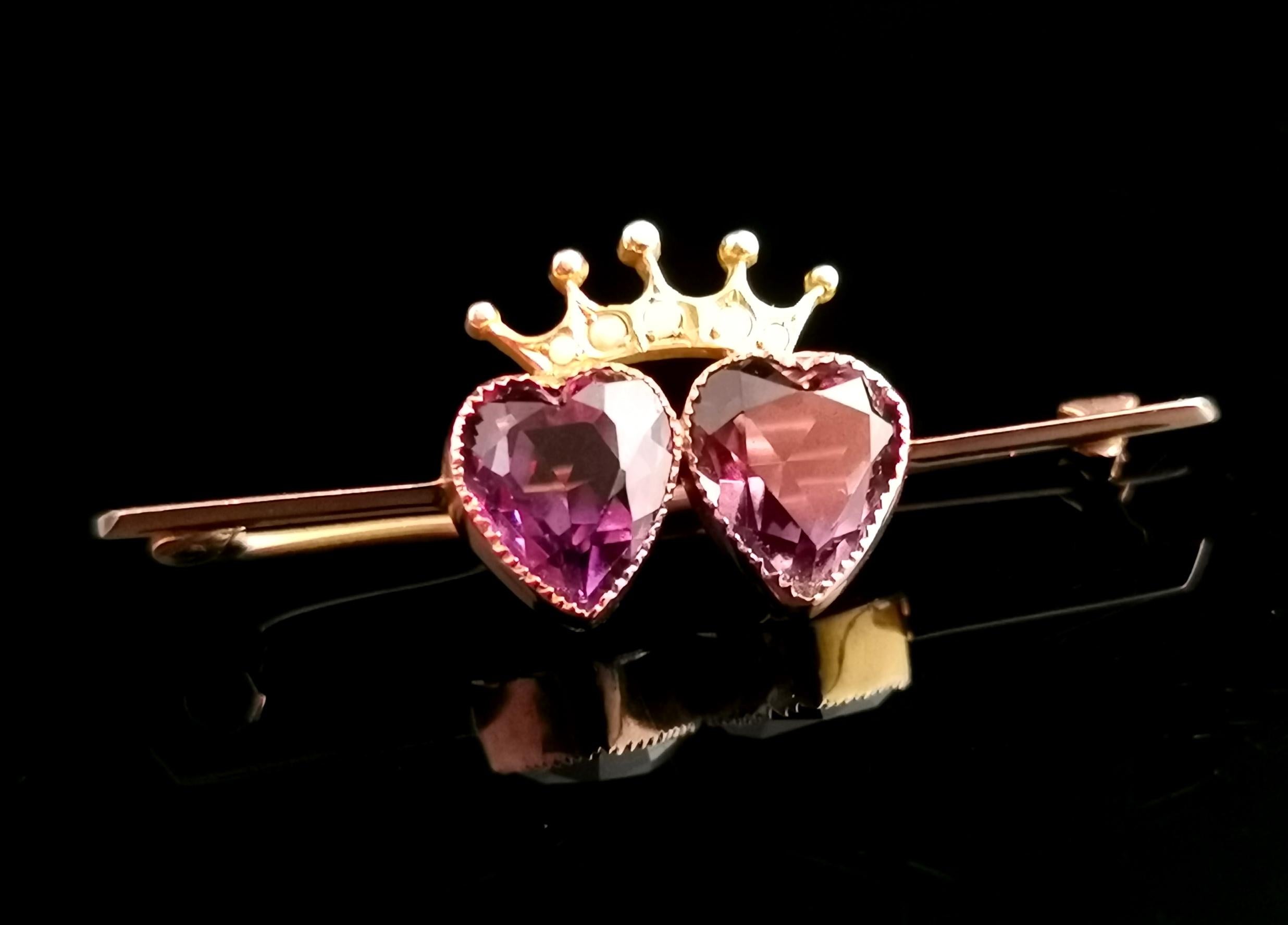Heart Cut Antique Amethyst Crowned Hearts Brooch, 9k Gold, Seed Pearl, Boxed