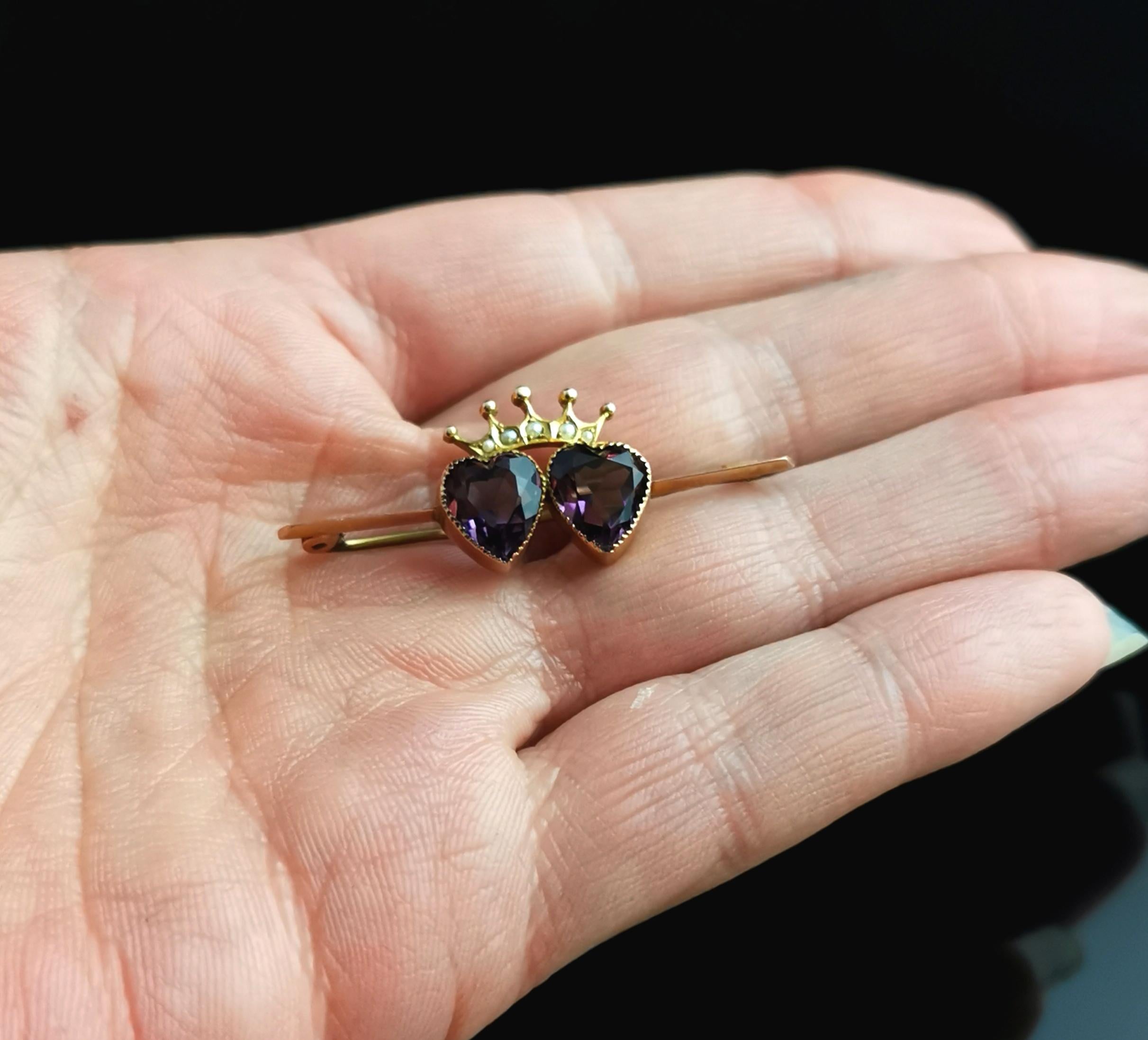Antique Amethyst Crowned Hearts Brooch, 9k Gold, Seed Pearl, Boxed In Good Condition In NEWARK, GB