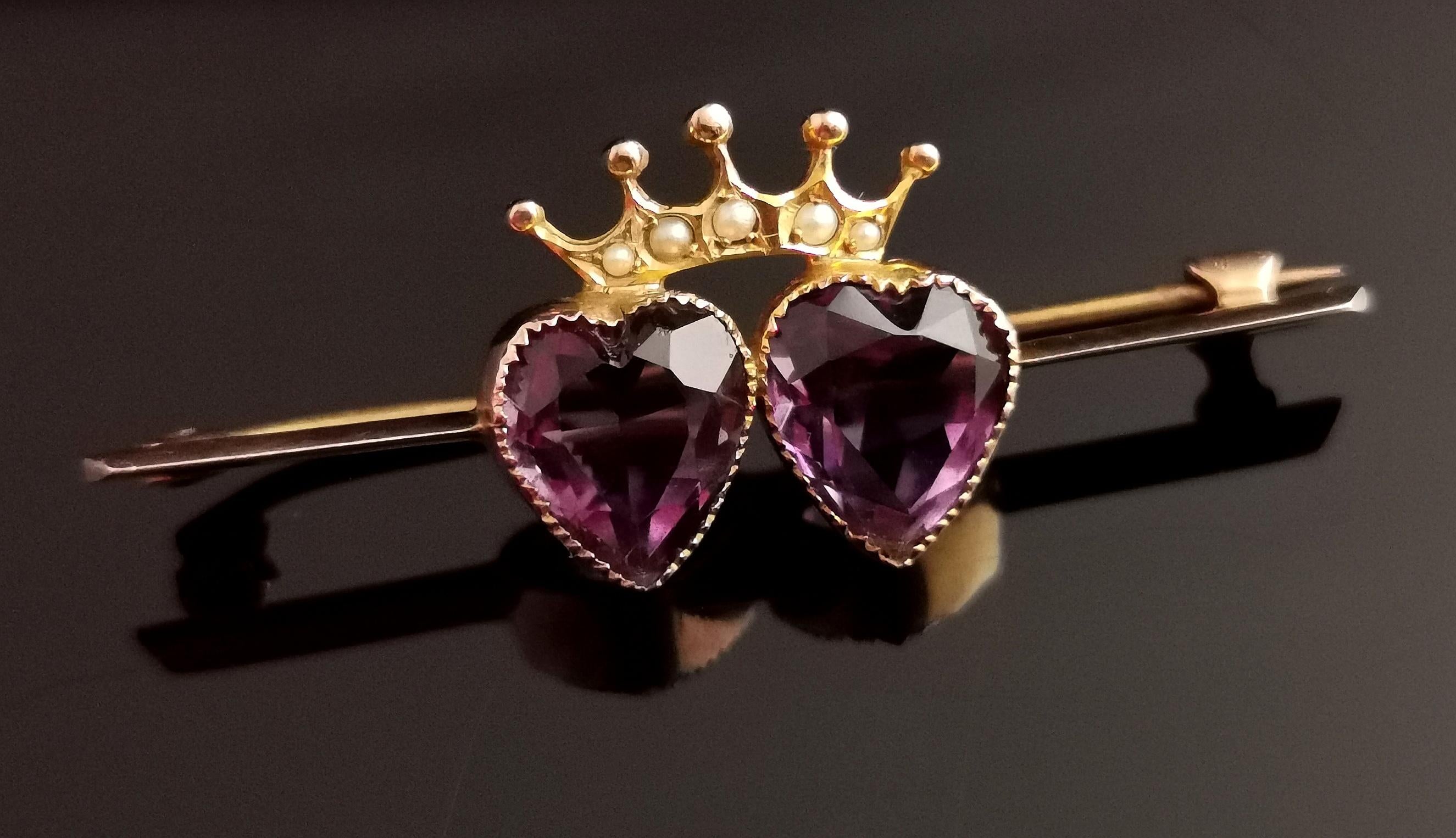 Women's or Men's Antique Amethyst Crowned Hearts Brooch, 9k Gold, Seed Pearl, Boxed