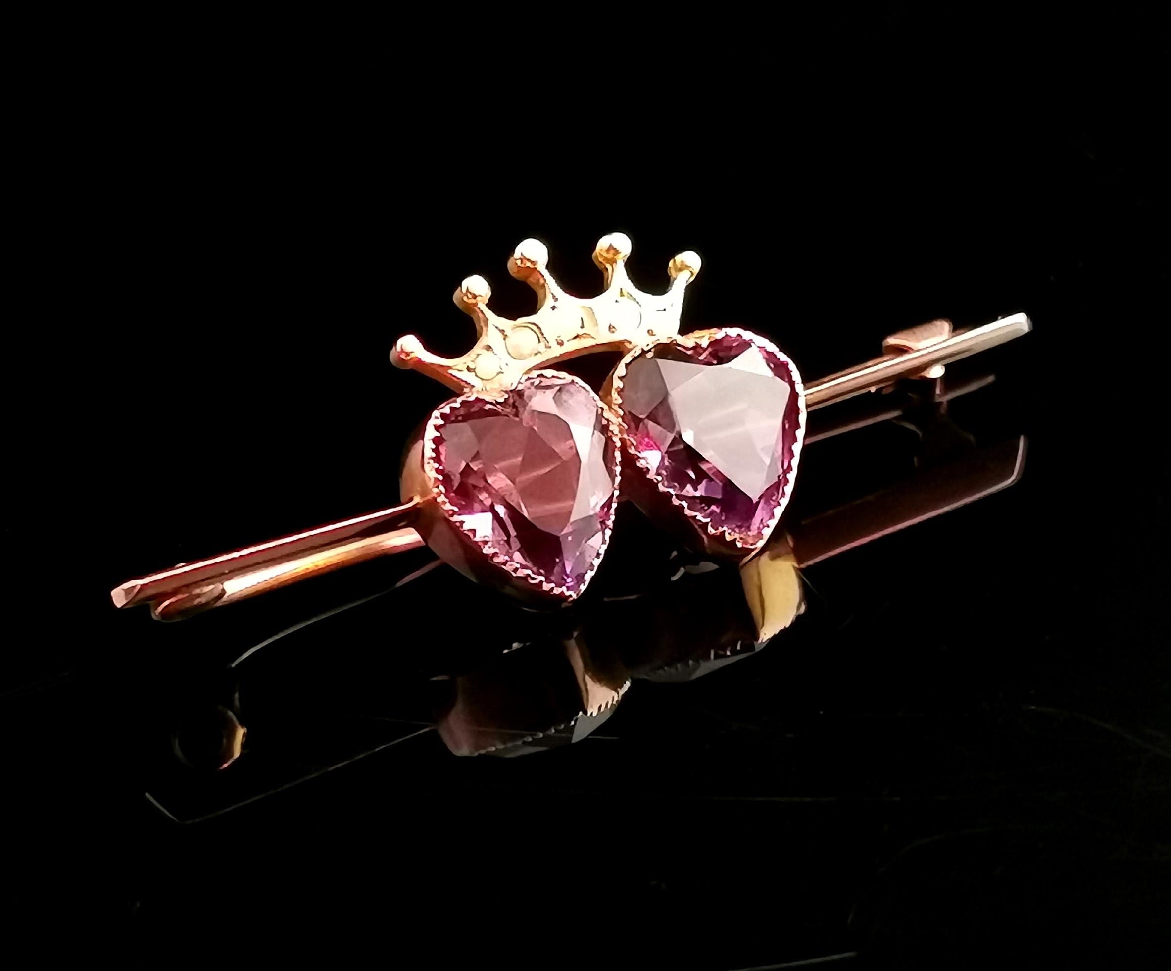 Antique Amethyst Crowned Hearts Brooch, 9k Gold, Seed Pearl, Boxed 1