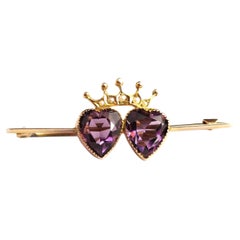 Antique Amethyst Crowned Hearts Brooch, 9k Gold, Seed Pearl, Boxed