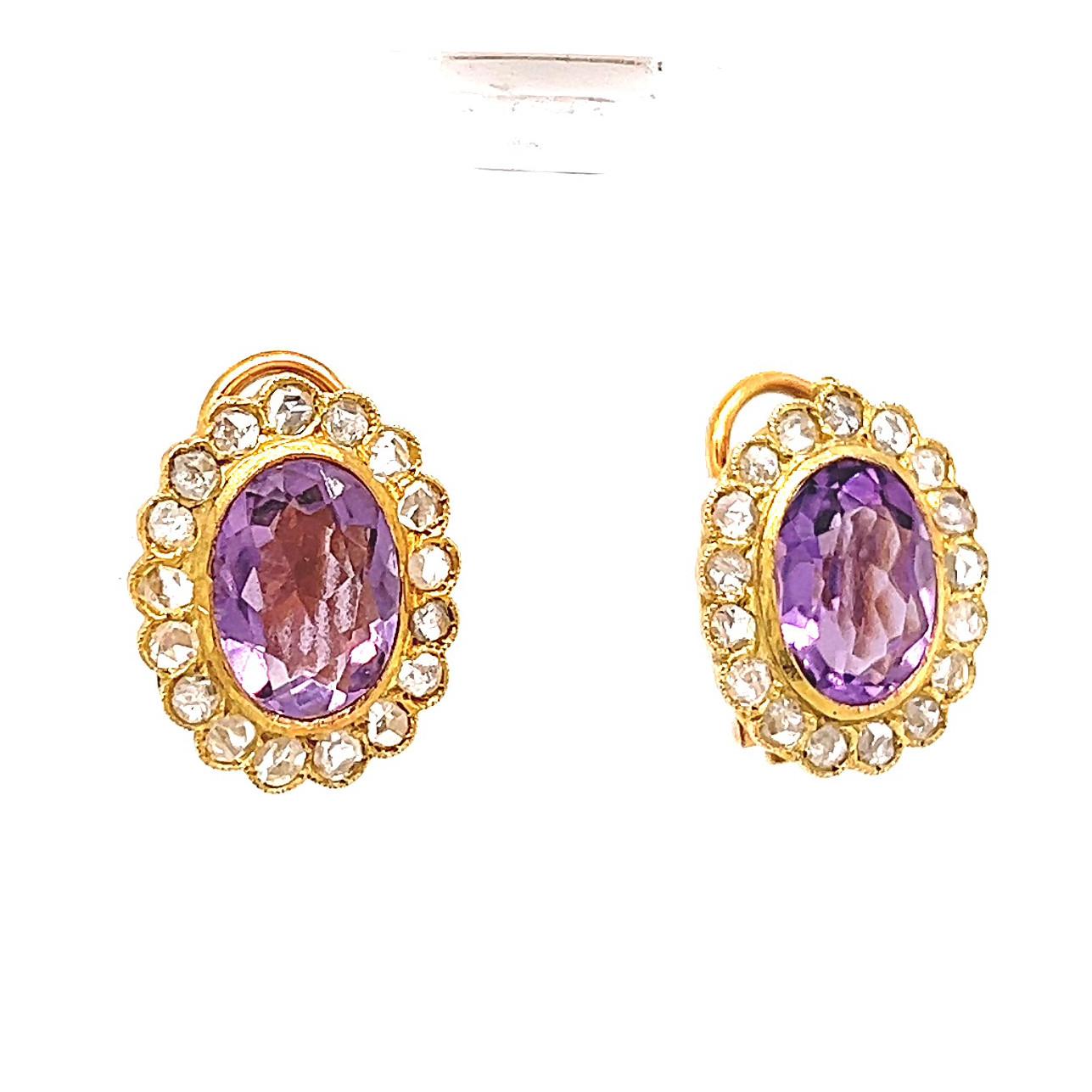 Women's or Men's Antique Amethyst Diamond 18 Karat Yellow Gold Clip on Earrings For Sale