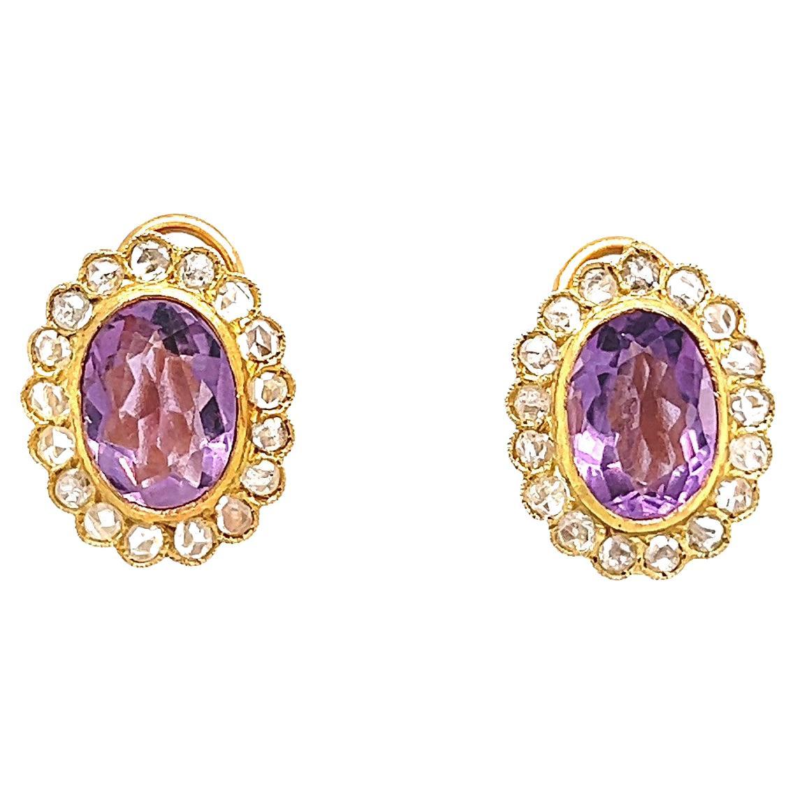 Antique Amethyst Diamond 18 Karat Yellow Gold Clip on Earrings