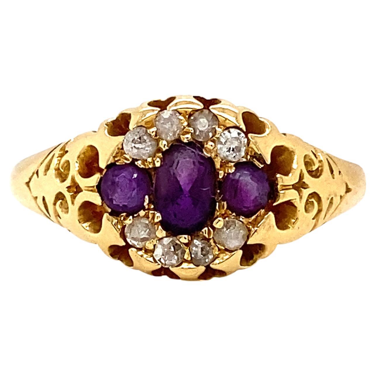 Antique Amethyst & Diamond 18K Yellow Gold Carved Open Work Navette Cluster Ring