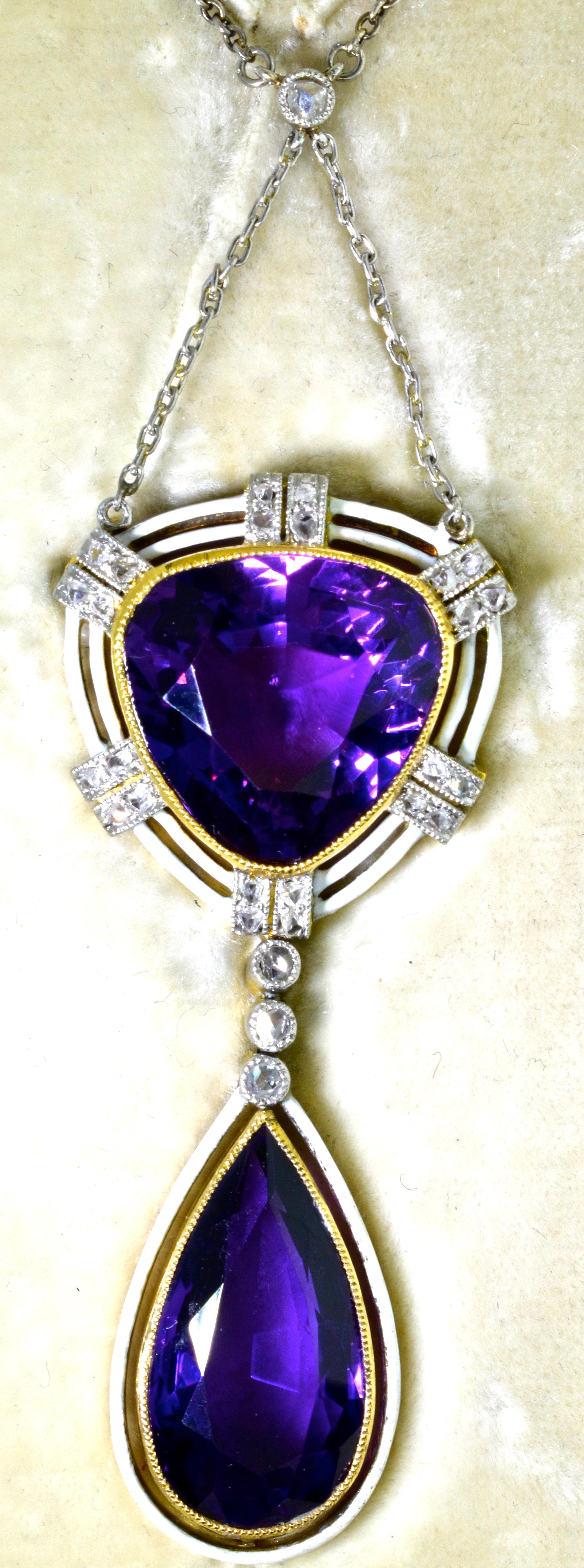 Belle Époque Antique Amethyst, Diamond and Enamel Pendant Necklace, circa 1895