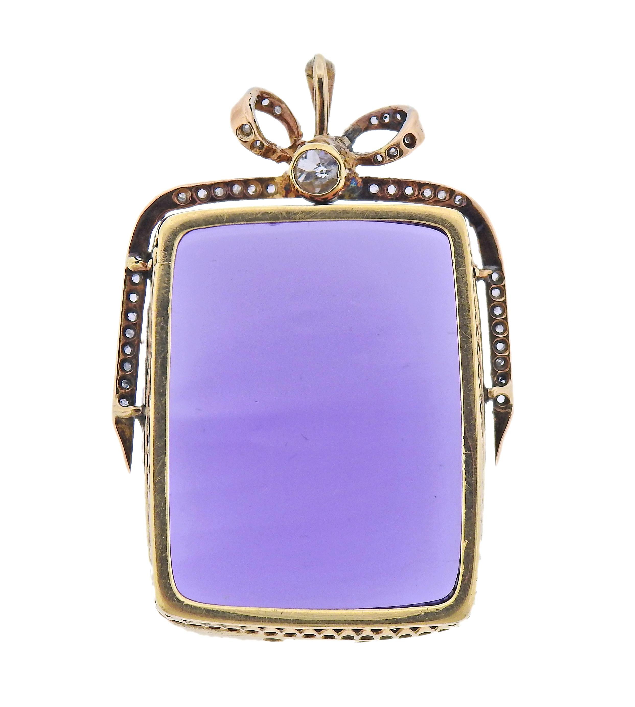 Antique 14k gold pendant, set with 30mm x 24mm x 9.3mm amethyst, surrounding small rose cut diamonds (one is missing) , center largest old mine cut diamond - approx. 0.30ct. Pendant is 44mm x 30mm. Weight - 20.2 grams. 
