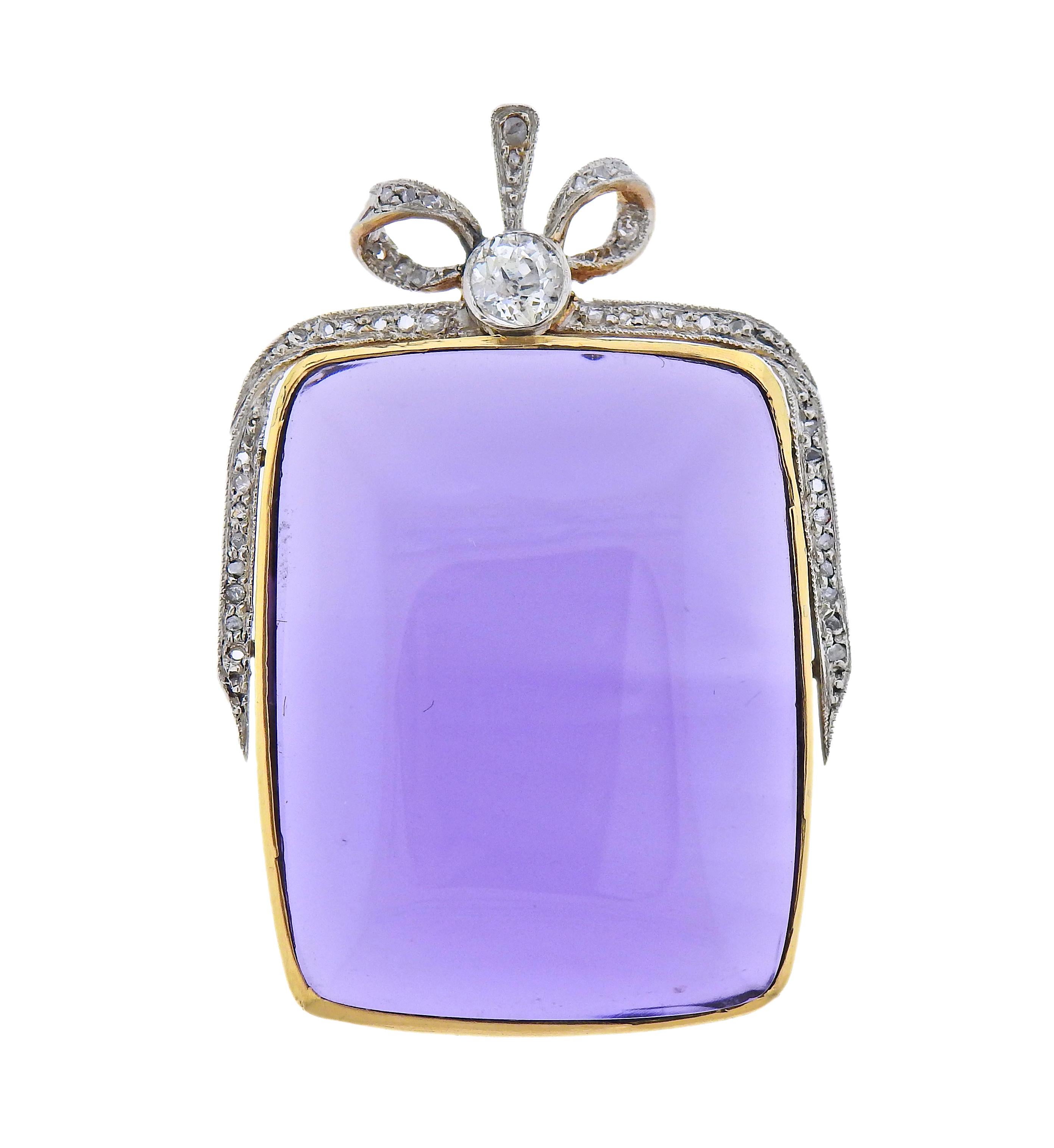 Antique Amethyst Diamond Gold Pendant In Good Condition In New York, NY