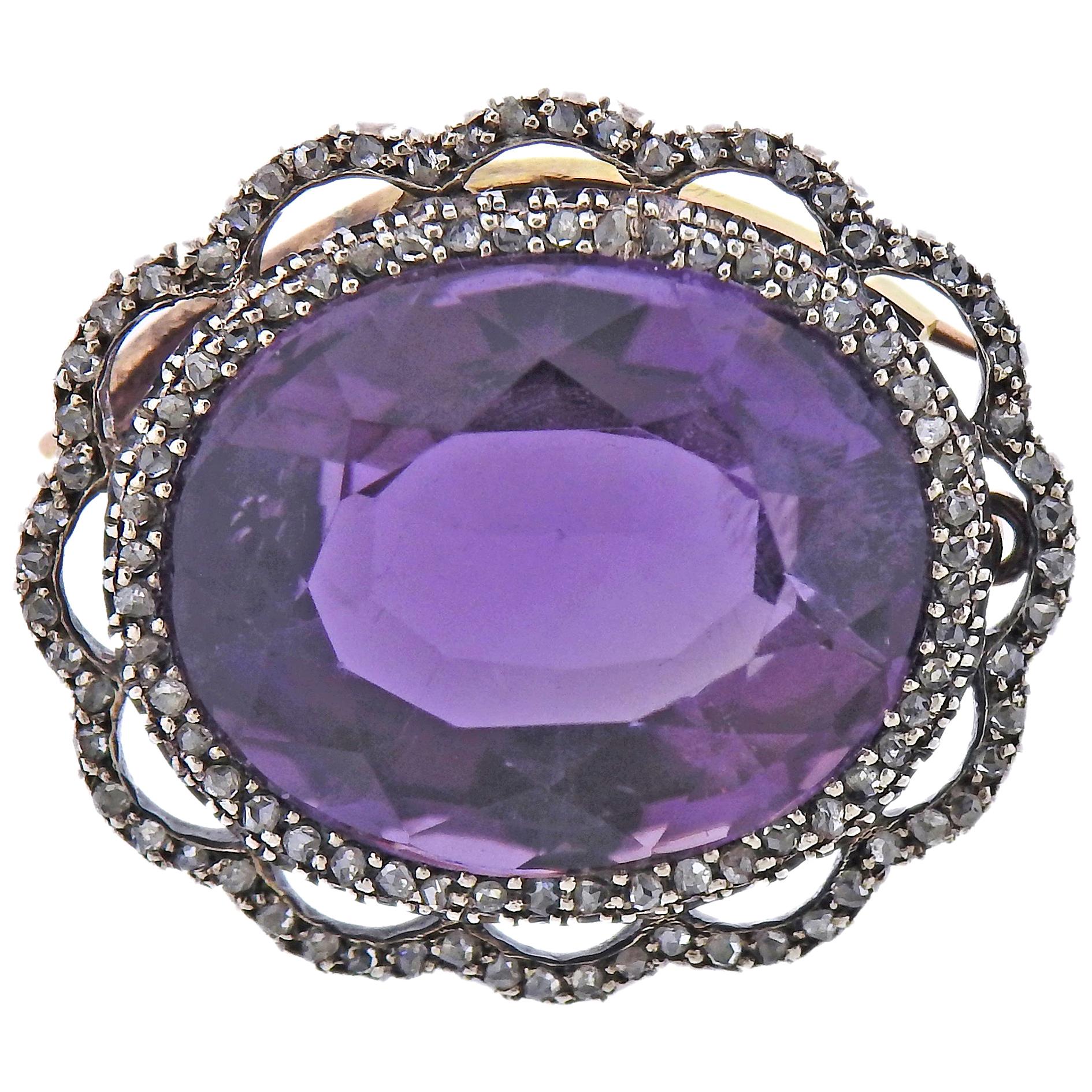 Antique Amethyst Diamond Gold Silver Brooch Pendant For Sale