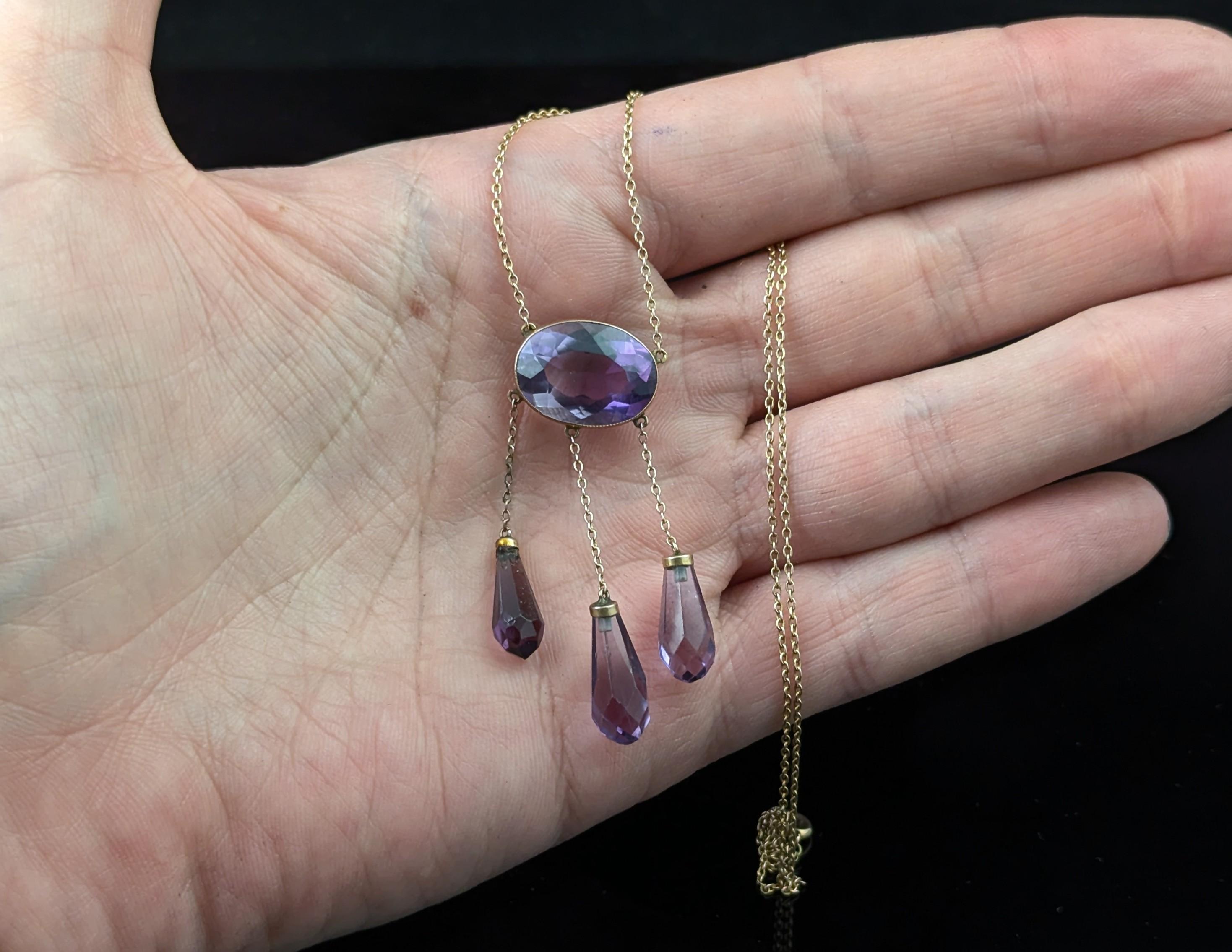 Antique Amethyst drop pendant necklace, 9k yellow gold in vendita 7