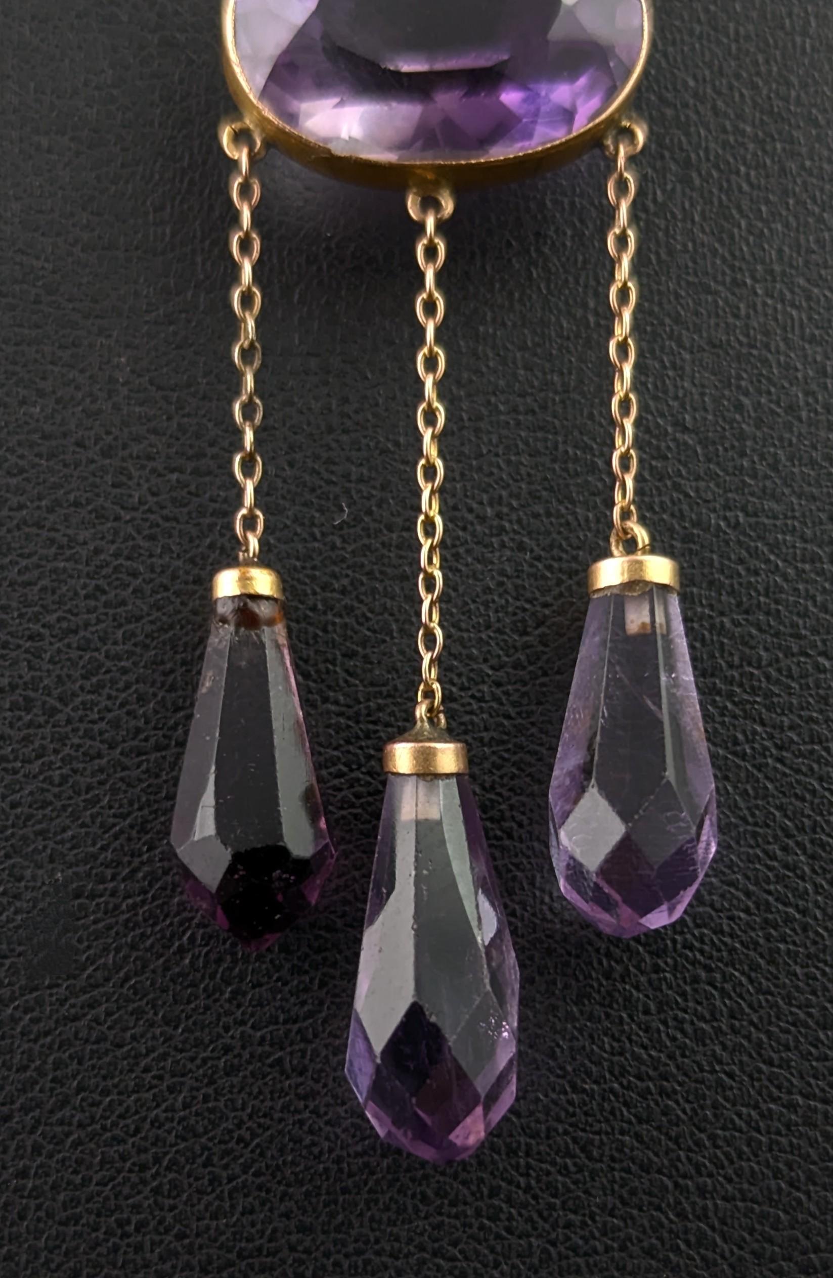 Art Nouveau Antique Amethyst drop pendant necklace, 9k yellow gold in vendita