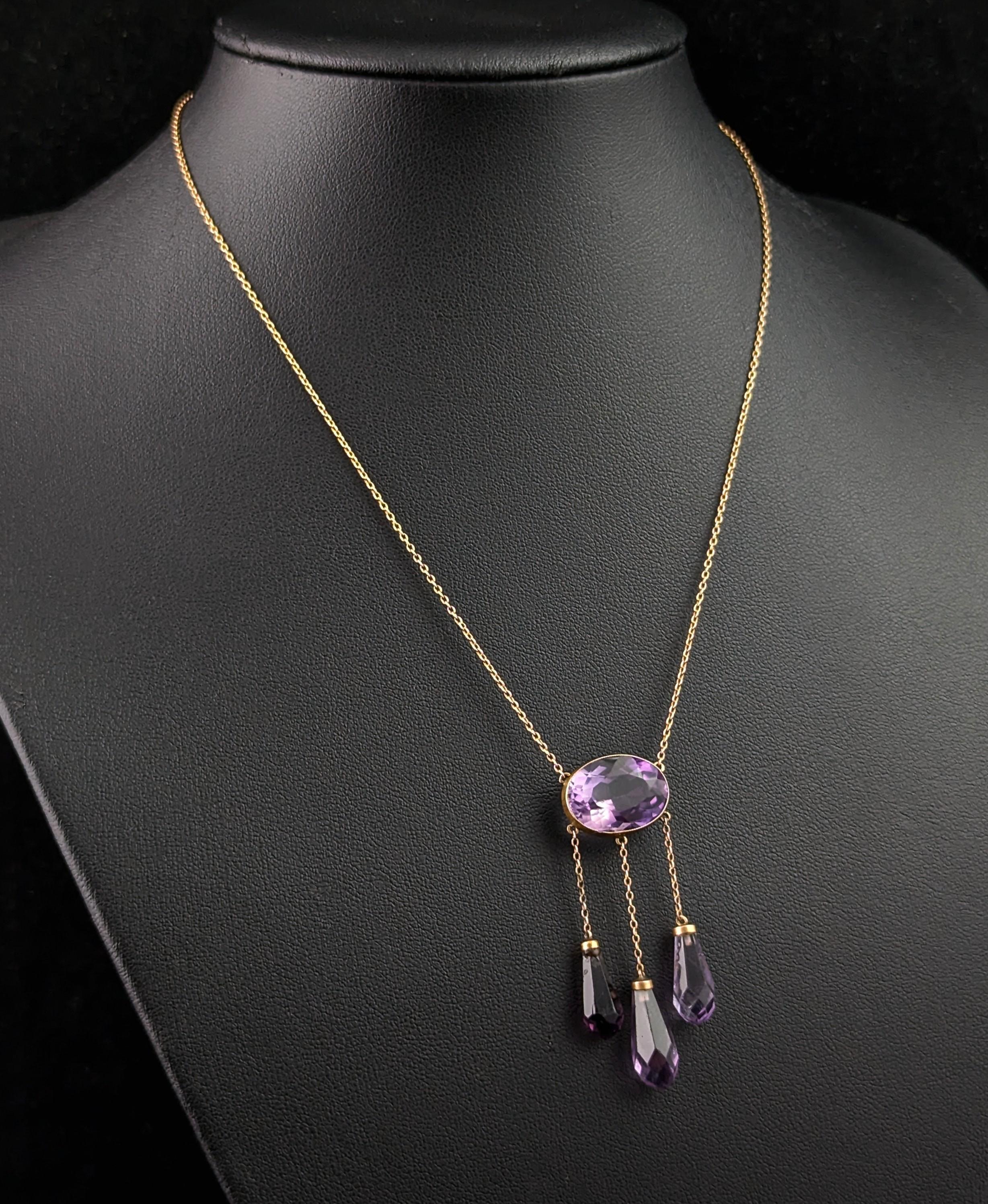 Taglio briolette Antique Amethyst drop pendant necklace, 9k yellow gold in vendita