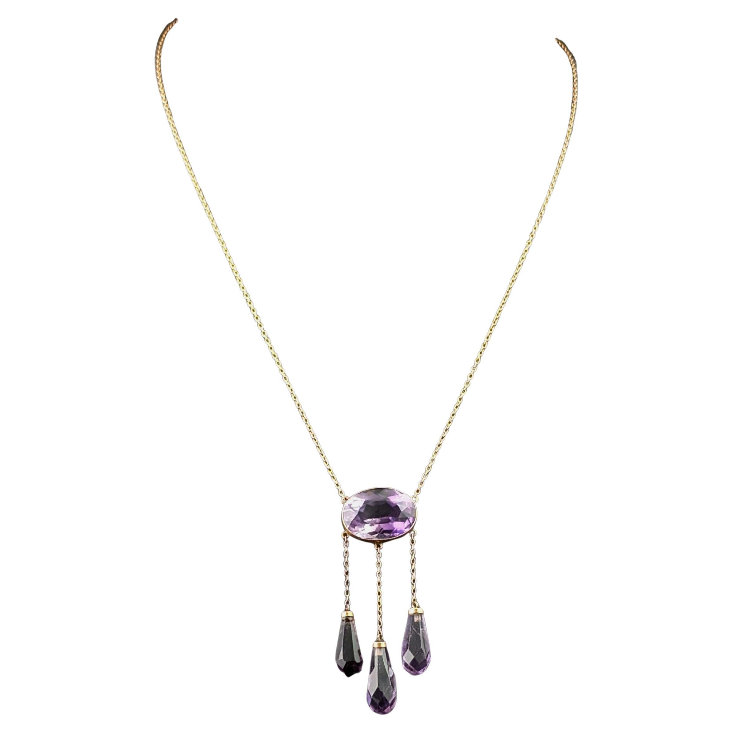 Antique Amethyst drop pendant necklace, 9k yellow gold