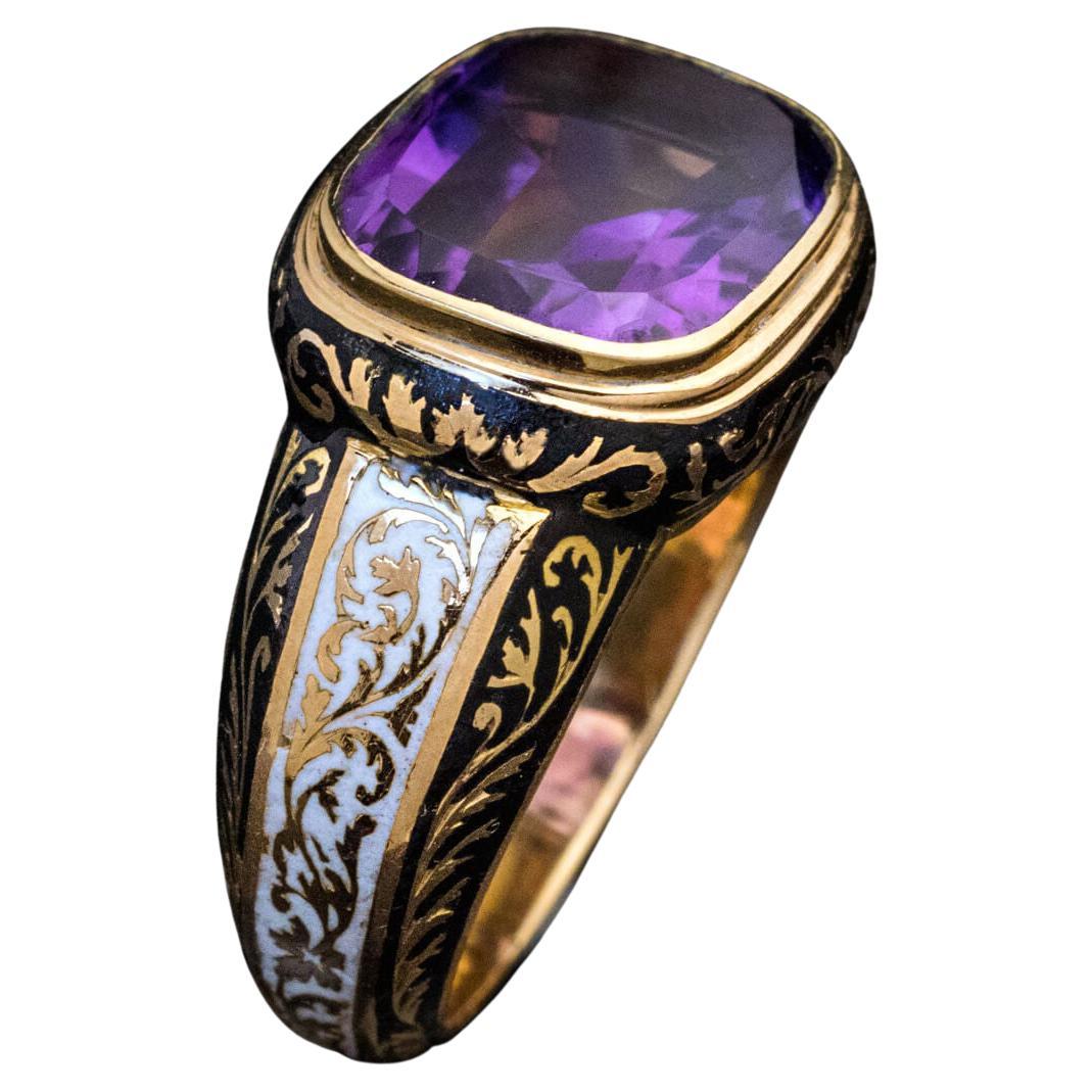 Antique Amethyst Enamel Gold Mens Ring For Sale