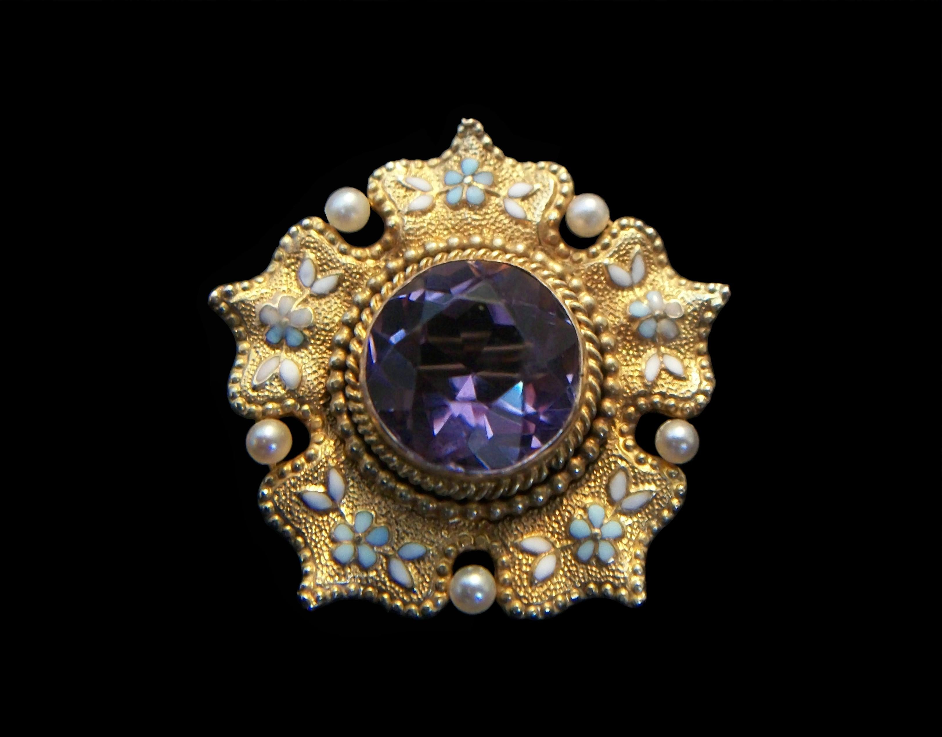 Victorian Antique Amethyst, Enamel, Seed Pearl & 14K Gold Pendant / Brooch - Circa 1910 For Sale