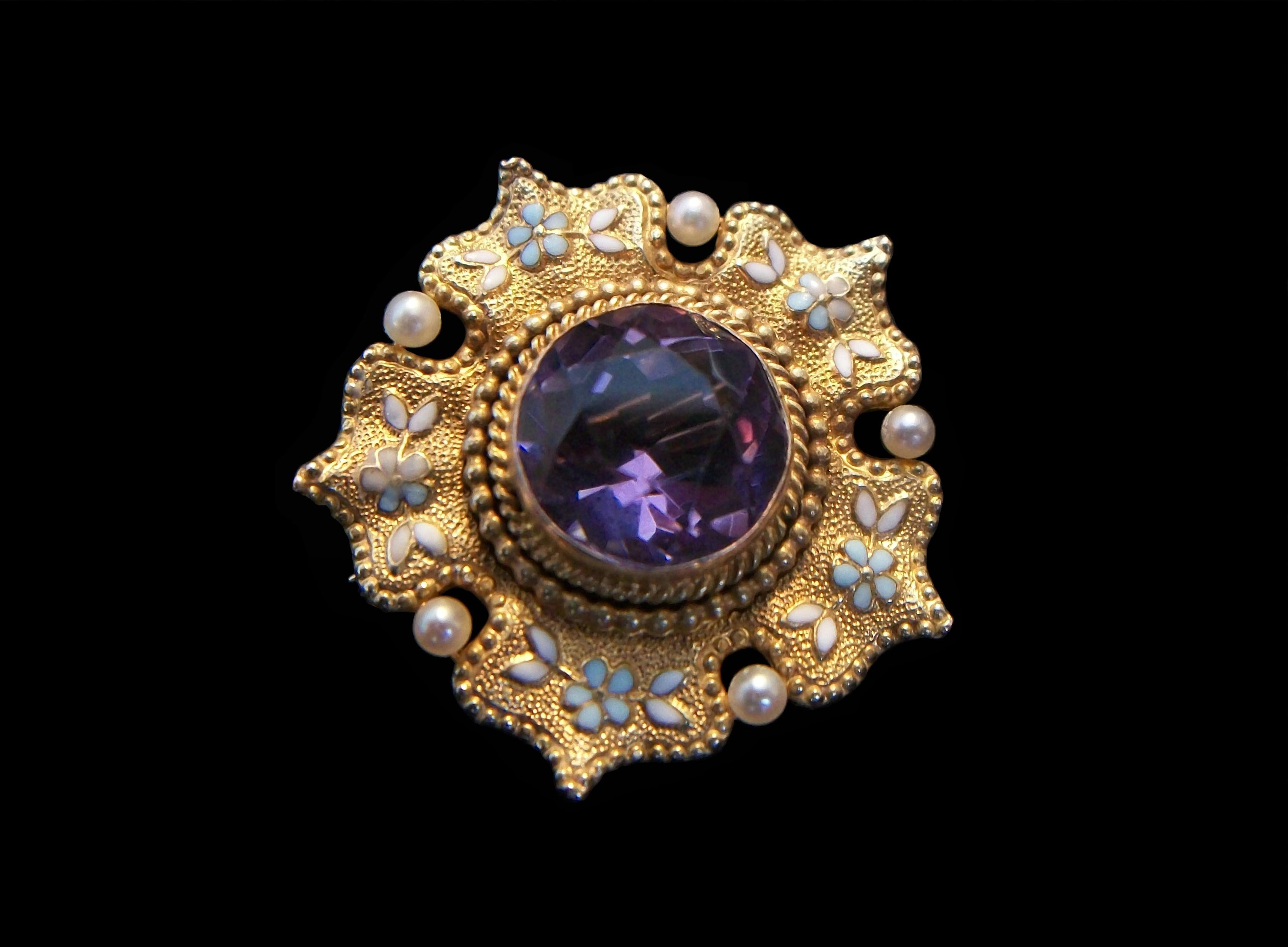 Round Cut Antique Amethyst, Enamel, Seed Pearl & 14K Gold Pendant / Brooch - Circa 1910 For Sale