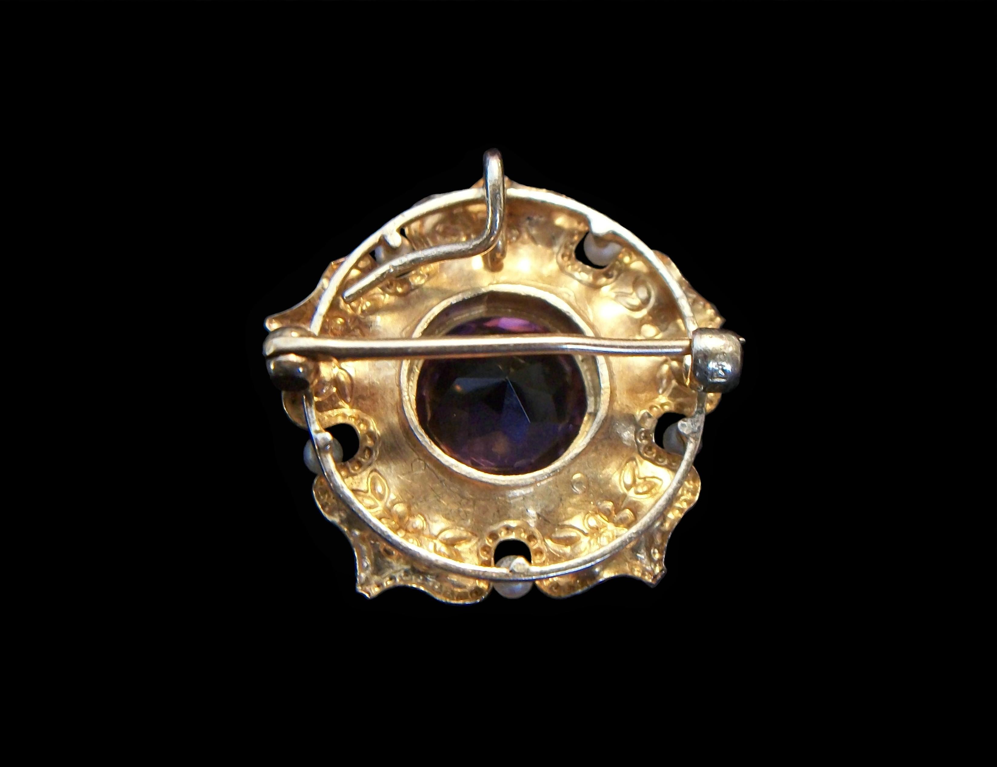 Antique Amethyst, Enamel, Seed Pearl & 14K Gold Pendant / Brooch - Circa 1910 In Good Condition For Sale In Chatham, CA