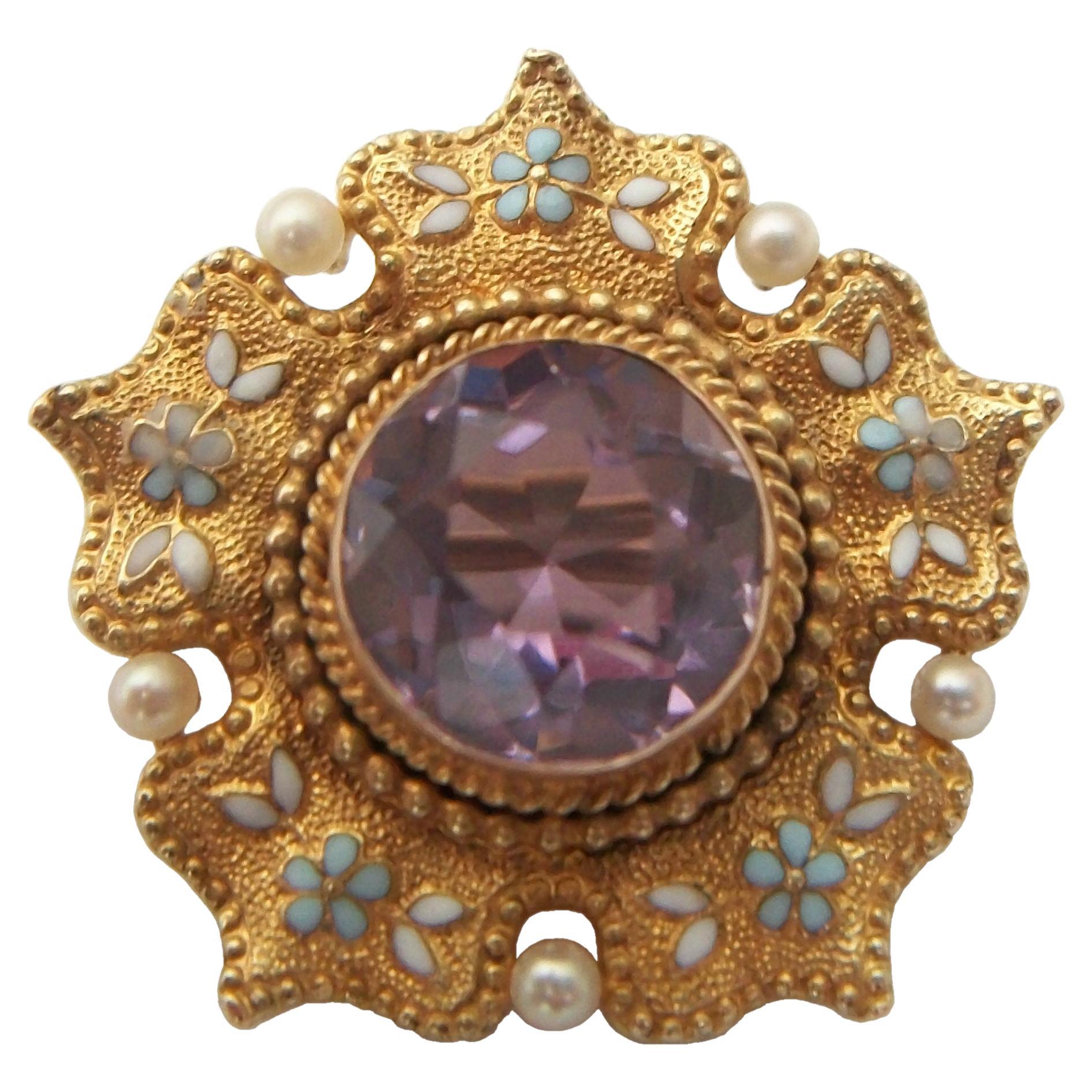 Pendentif / Broche ancienne en améthyste, émail, perles de rocaille et or 14K - Circa 1910