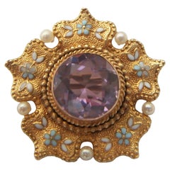 Antiker Amethyst-, Emaille-, Saatperlen- und 14K Gold-Anhänger / Brosche - Circa 1910