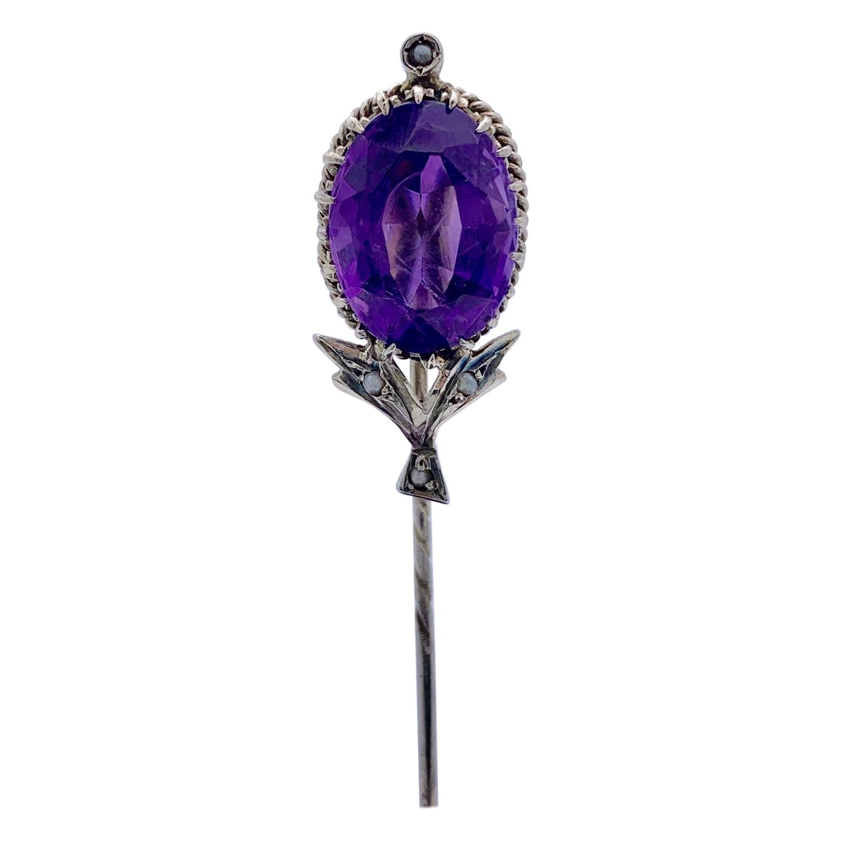 Antique Amethyst Flower Silver Tie Pin For Sale
