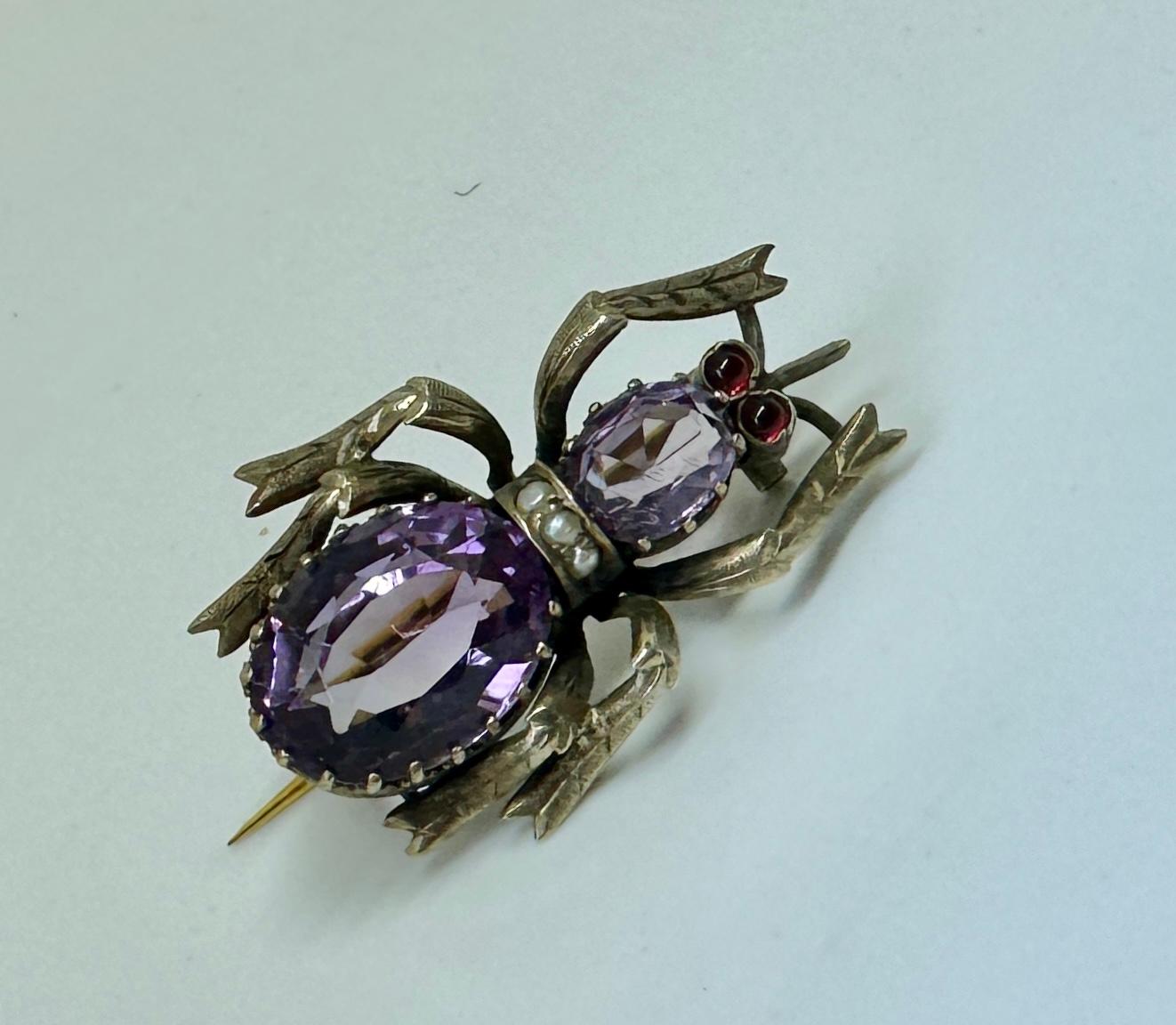 Antike Amethyst-Granat-Spinnen-Insekten-Brosche Bernhard Hertz Dänemark um 1890 (Viktorianisch) im Angebot